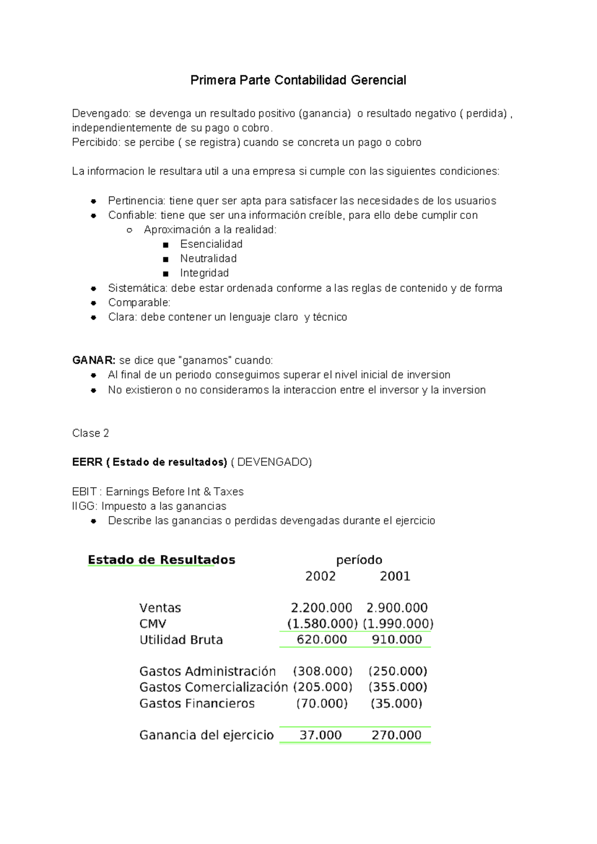 Resumen de Contabilidad Gerencial - Clase 2 EERR y Flujos de Efectivo ...