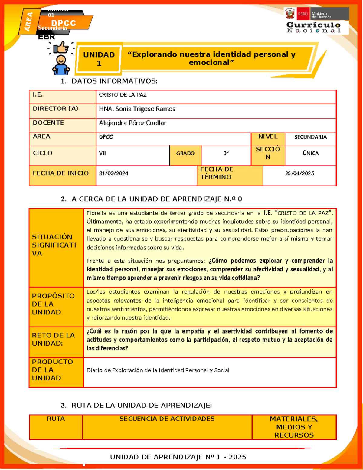 3º Grado Unidad 1 DPCC - Identidad Personal y Emociones 2025 - Studocu