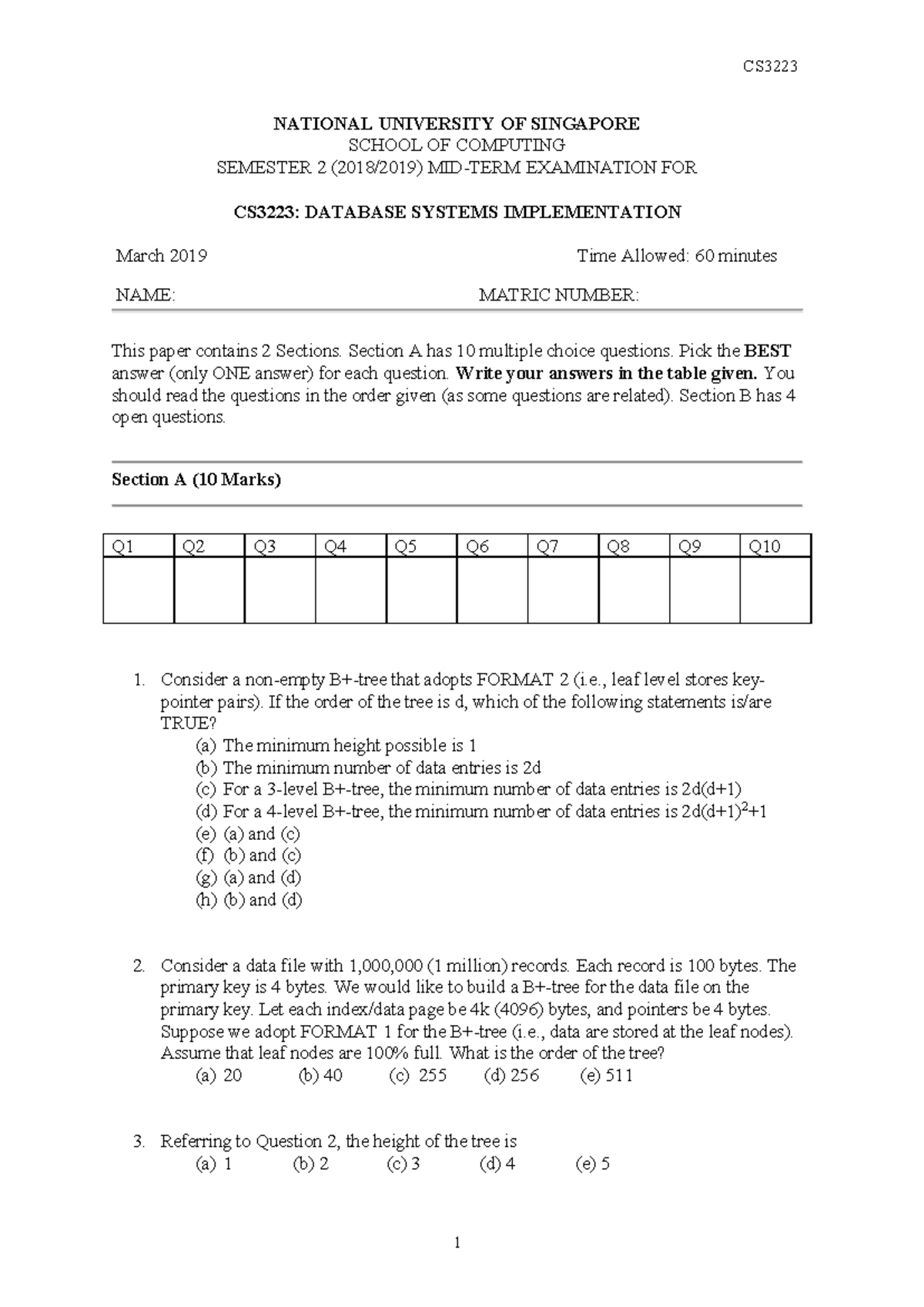 CS3223 Midterm Exam 2019: Database Systems Implementation - Studocu