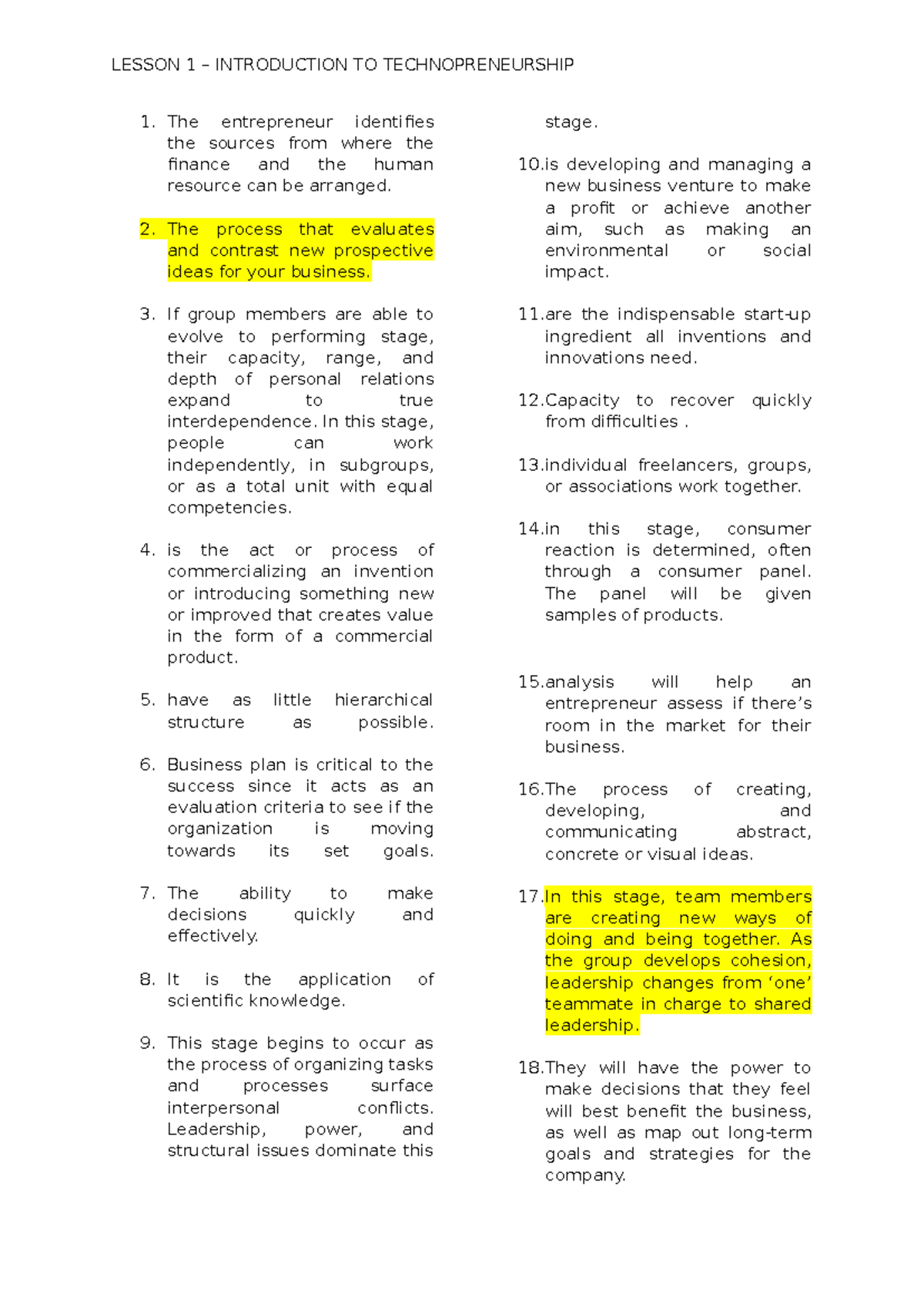 LESSON 1: INTRODUCTION TO TECHNOPRENEURSHIP (TECH 101) - Key Concepts ...