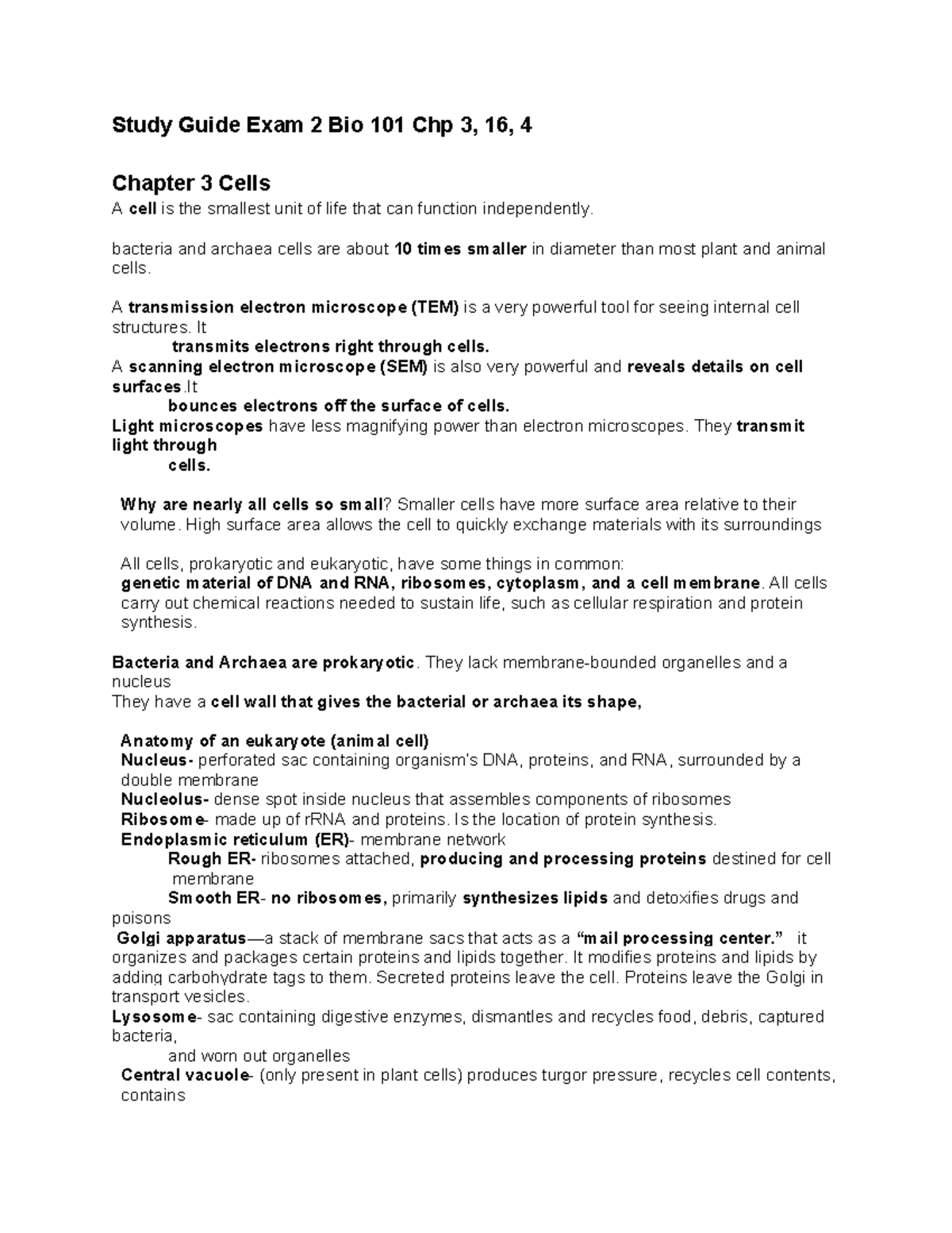 Study Guide: Exam 2 - Bio 101 Topics on Cells & Viruses - Studocu