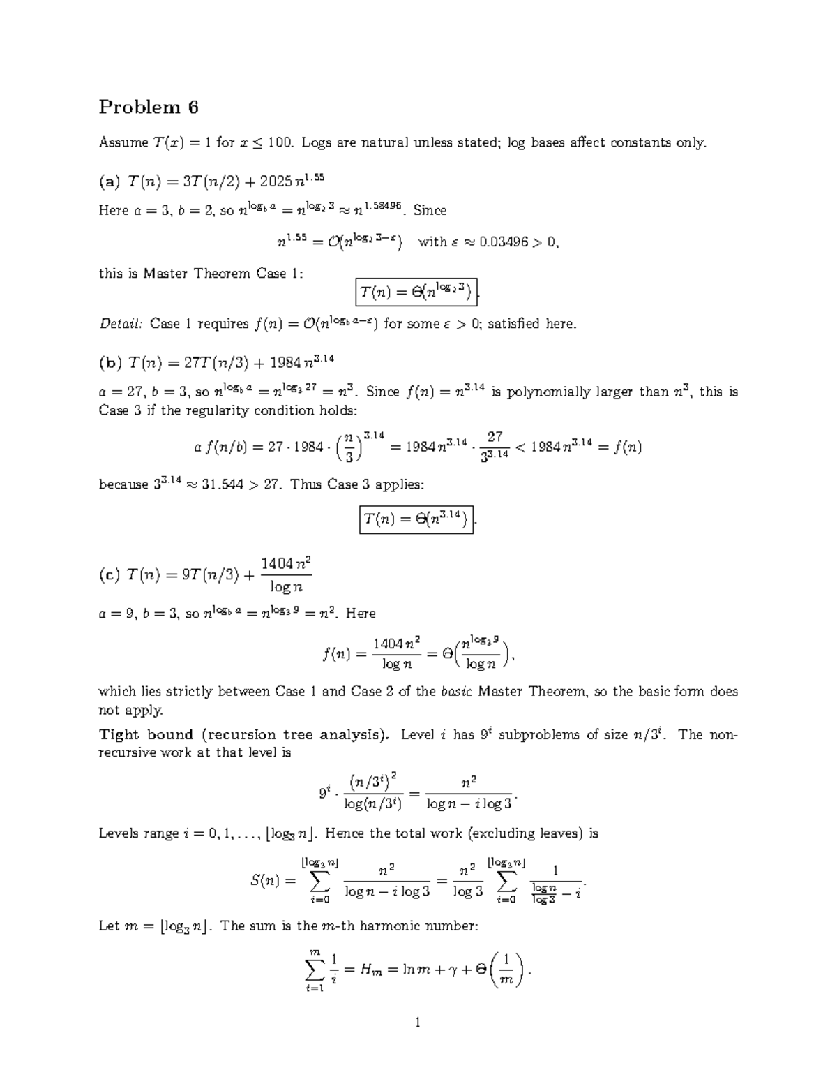 Assignment 1: Problem 6 - Master Theorem Analysis - Studocu