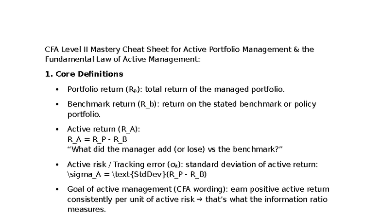 CFA Level II Final Exam Cheat Sheet: Active Portfolio Management ...