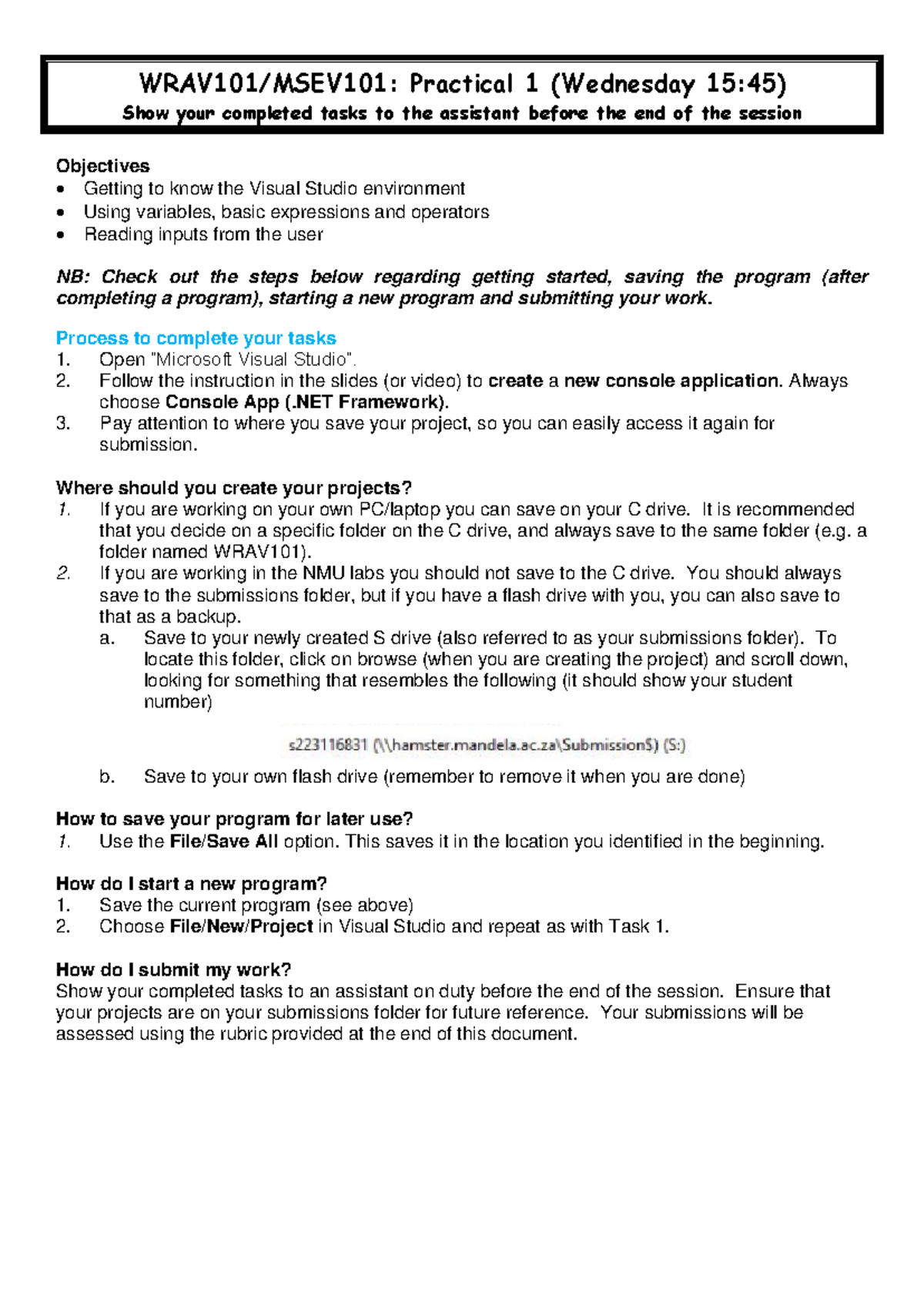 WRAV 101 / MSEV 101: Practical 1 - Intro to Programming Tasks Guide ...