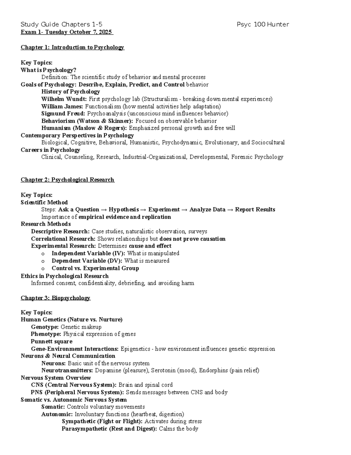 Study Guide for Exam 1: Chapters 1-5 - Psyc 100 Hunter - Studocu