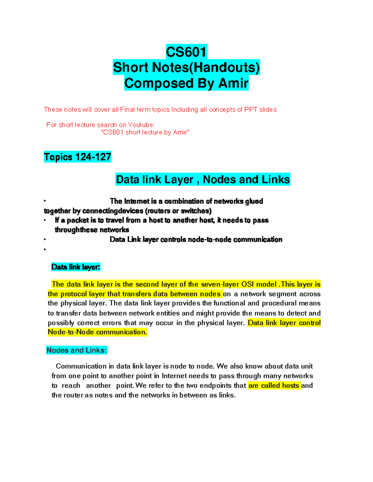 CS601 Final Exam Short Notes on Data Link Layer by Amir - Studocu