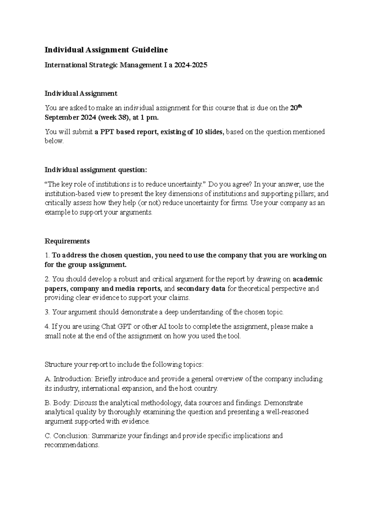 ISMG I: Individual Assignment Guidelines on Institutions' Role ...