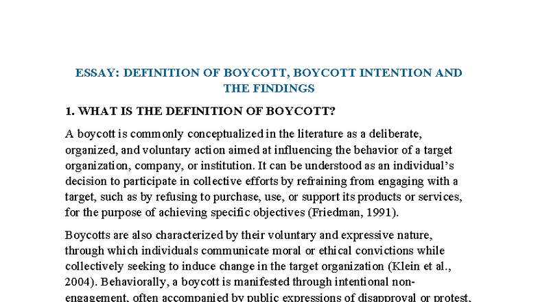 ESSAY: BOYCOTT DEFINITION, INTENTION & FINDINGS (BRM) - Studocu