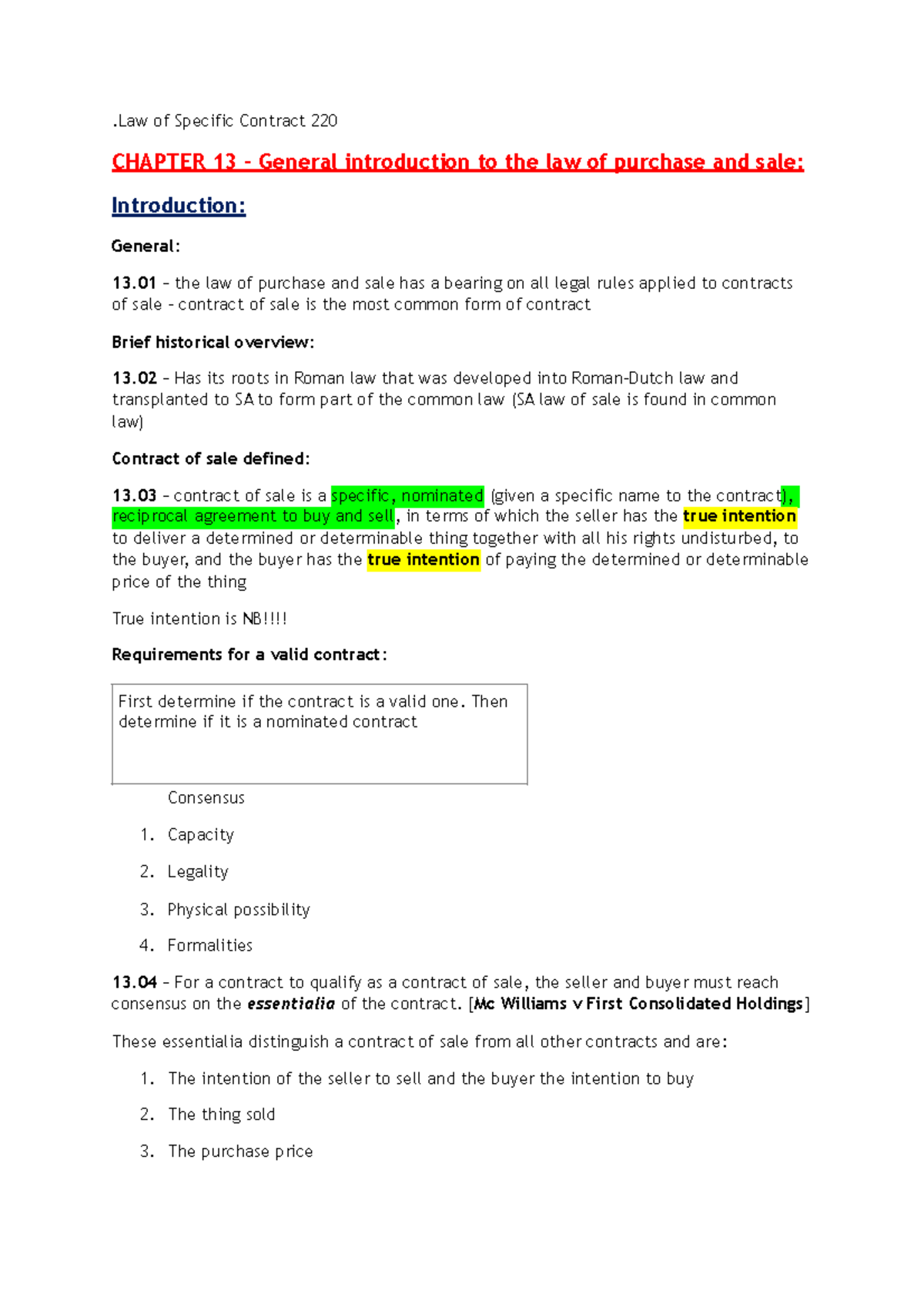Law of Specific Contracts 220 Chapter 13: Purchase and Sale Notes - Studocu