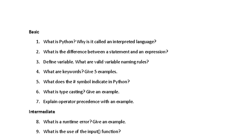 Important Questions for Python Viva (CS101) - Studocu