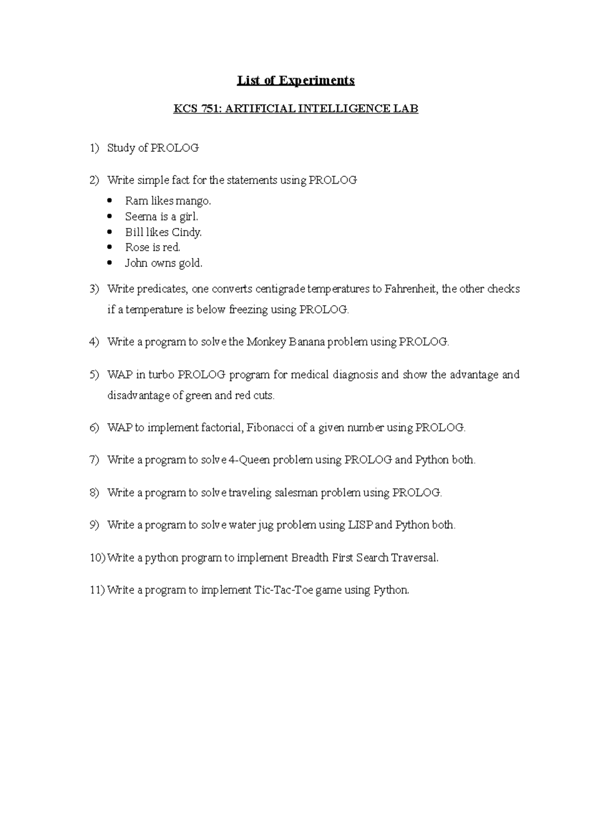 KCS 751: AI Lab - Comprehensive Experiment List and Projects - Studocu