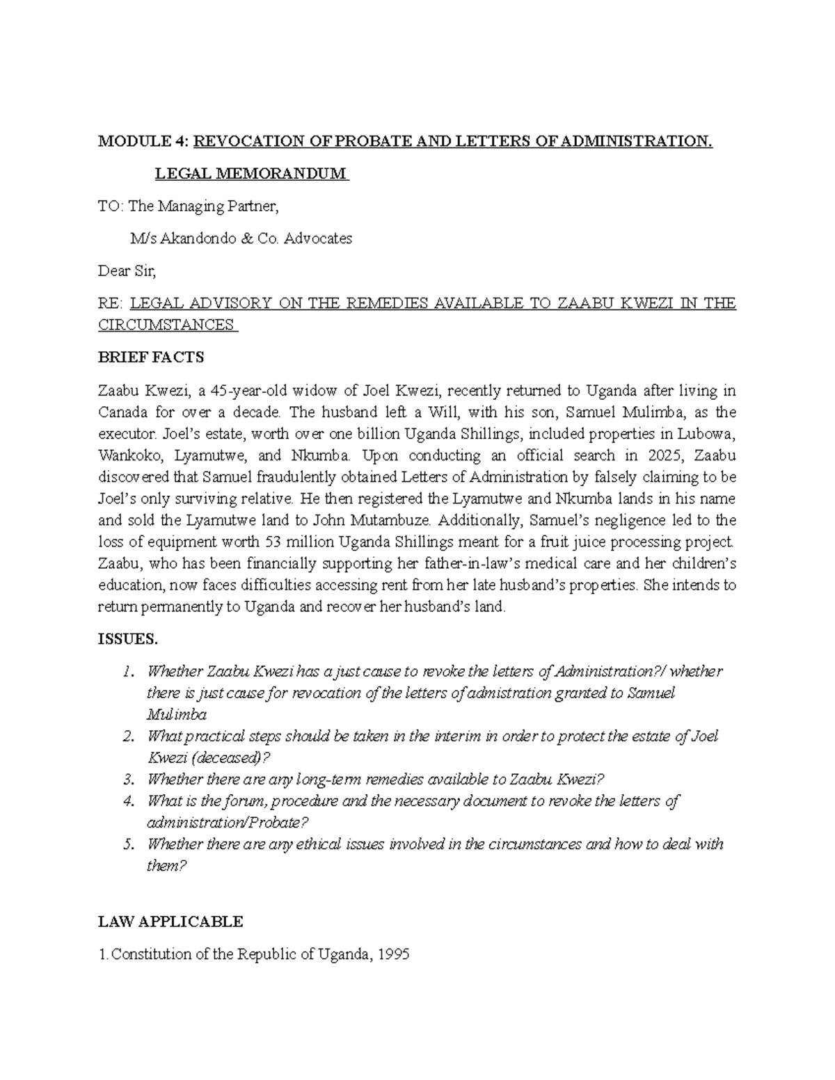 MODULE 4: LEGAL MEMORANDUM ON REVOCATION OF PROBATE AND ADMINISTRATION ...