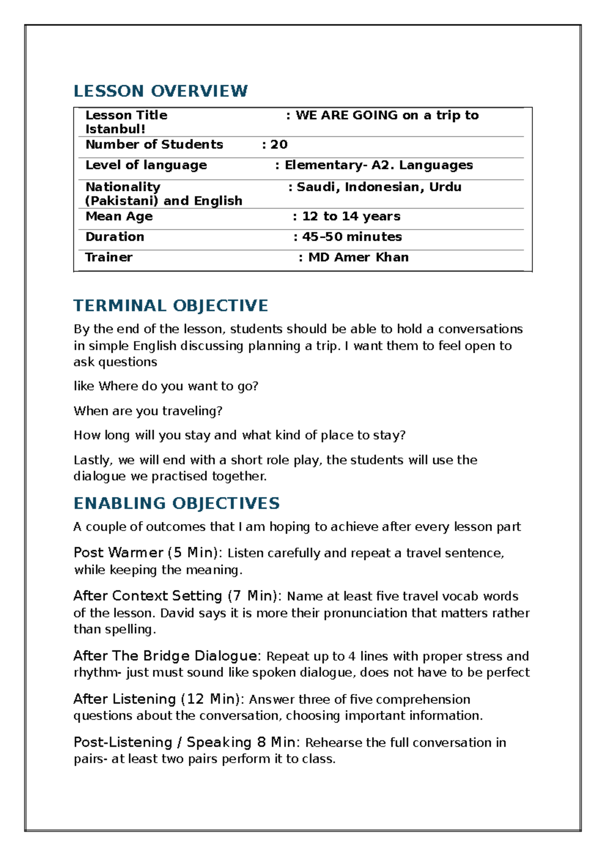 TEFL Mod 1 Lesson Plan: Conversational English for A2 Students - Studocu