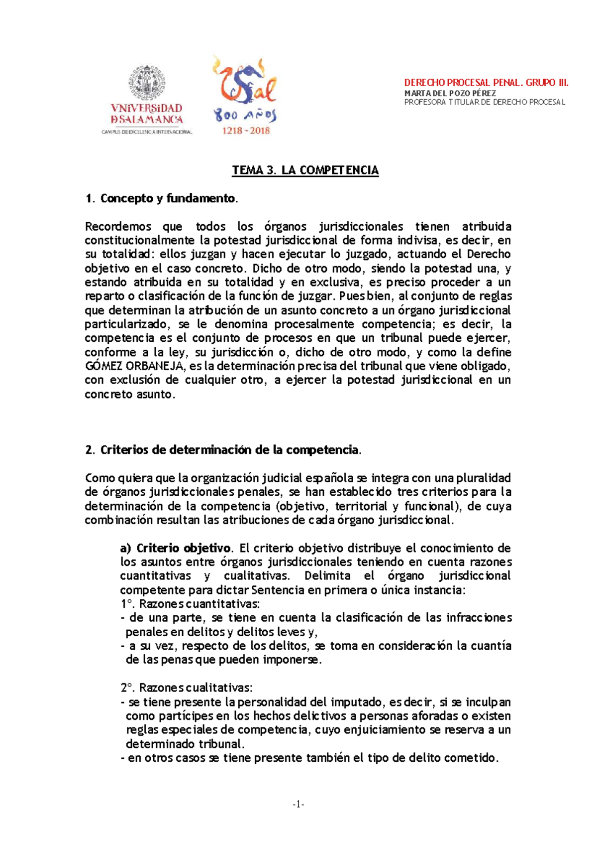 DERECHO PROCESAL PENAL - TEMA 3: LA COMPETENCIA Y SUS CRITERIOS - Studocu