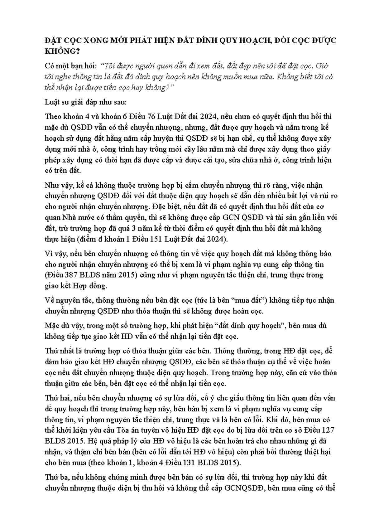 ĐẶT CỌC ĐẤT DÍNH QUY HOẠCH: CÓ ĐƯỢC HOÀN CỌC KHÔNG? - Studocu