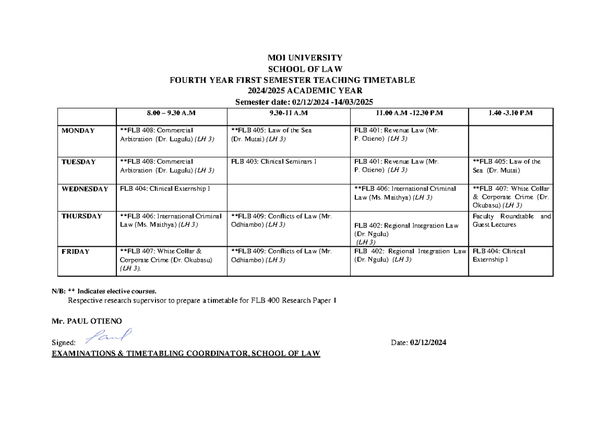 Fourth Year First Semester Teaching Timetable 2024 C 241205 084630 ...