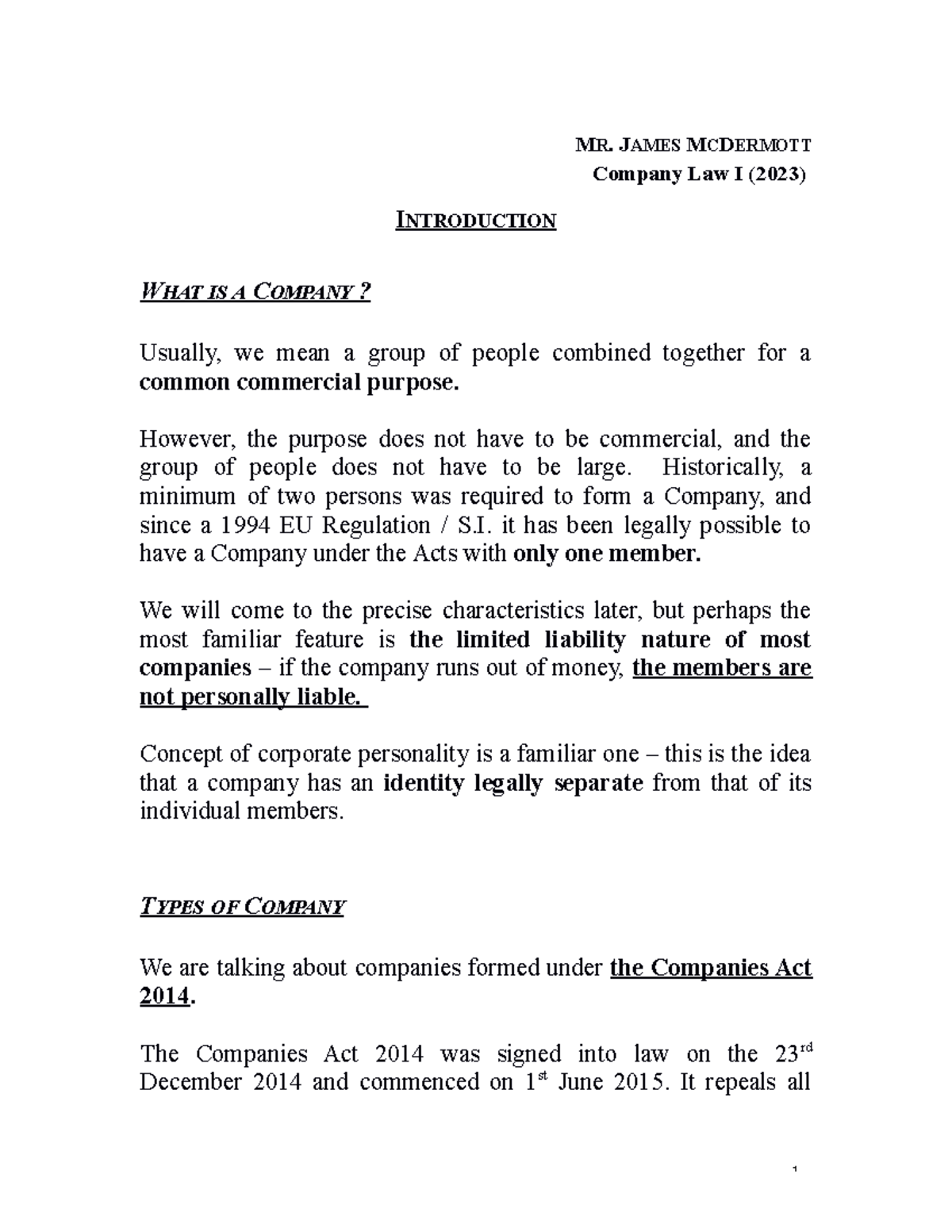 Company Law I Notes UCD - Part One [2023] Overview and Key Concepts ...