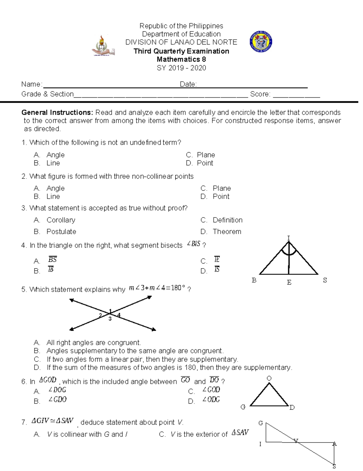 Math 8 Third Quarter Examination and Answer Key - Studocu