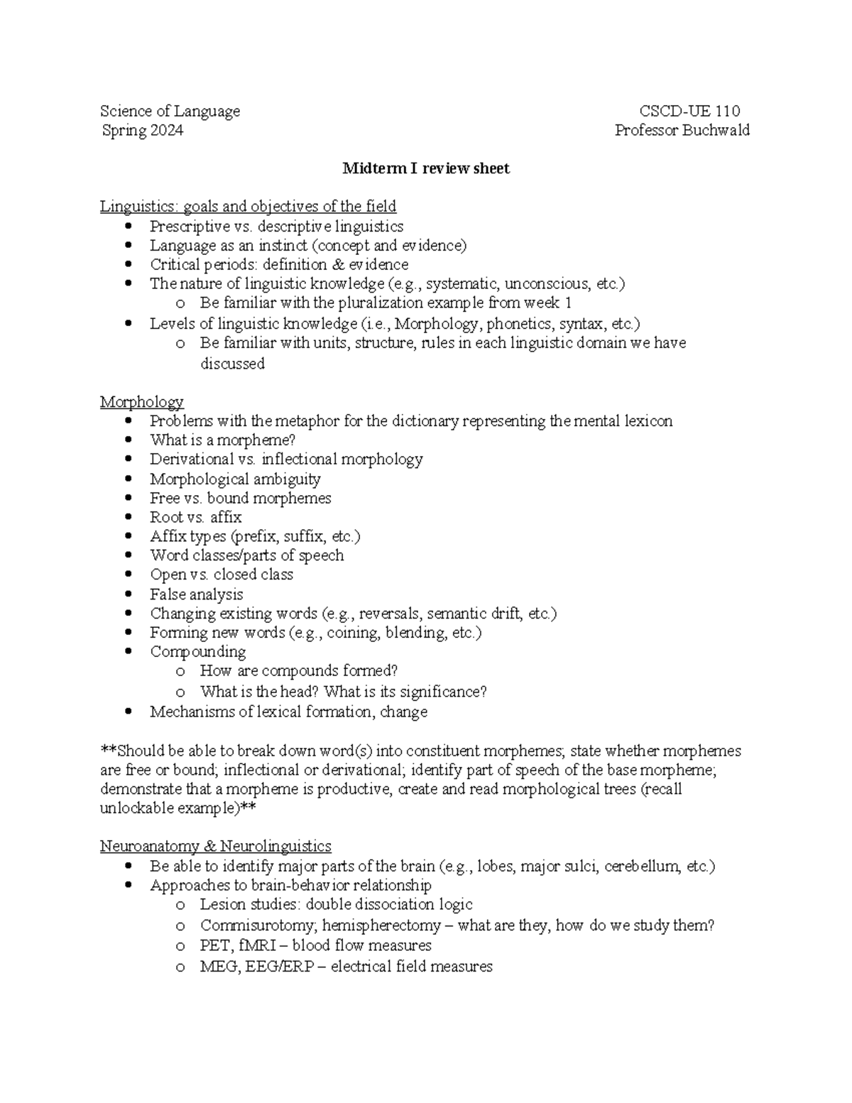 Sci Lang S2024 Midterm 1 Review: Key Concepts in Linguistics - Document Preview
