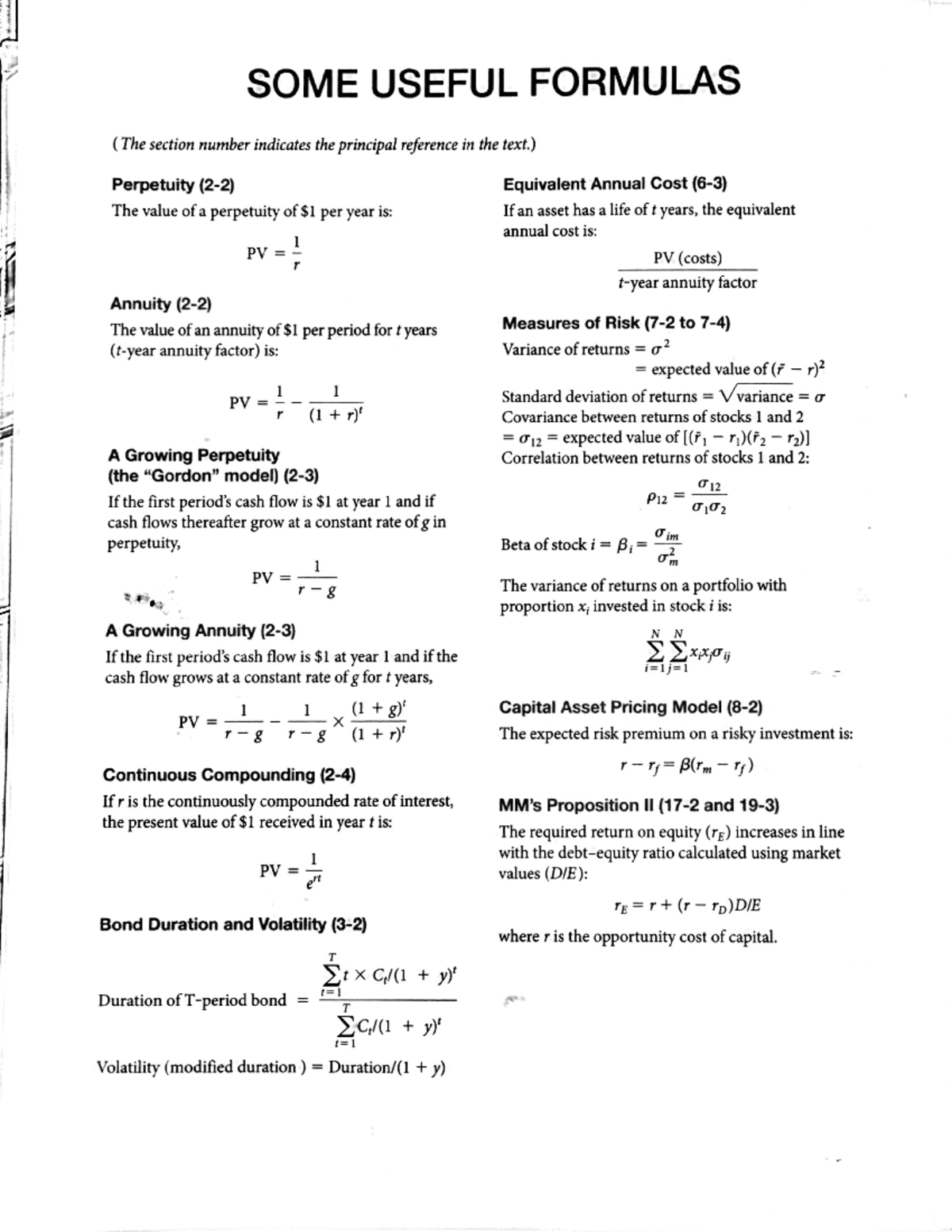 Useful formulas - SOME USEFUL FORMULAS ( The section number indicates ...