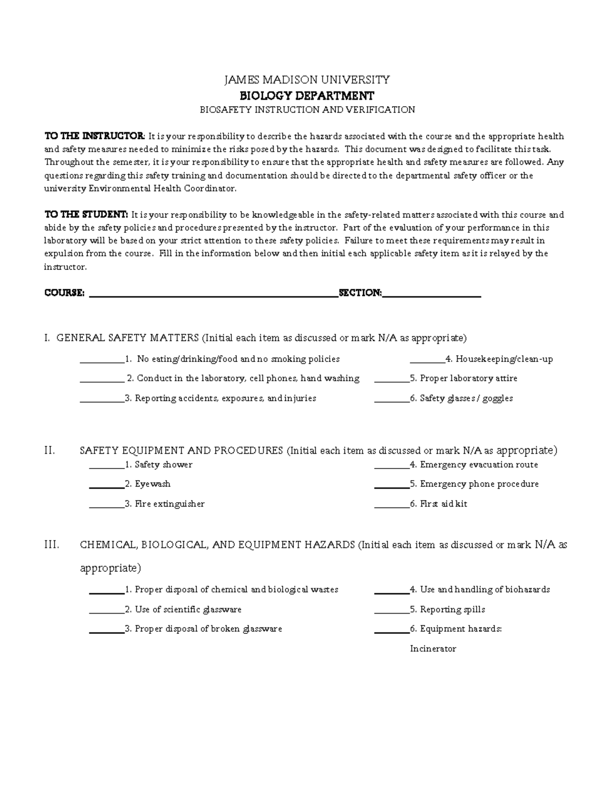 JMU BIO 08202021-1 Biosafety Instruction & Verification Form - Studocu