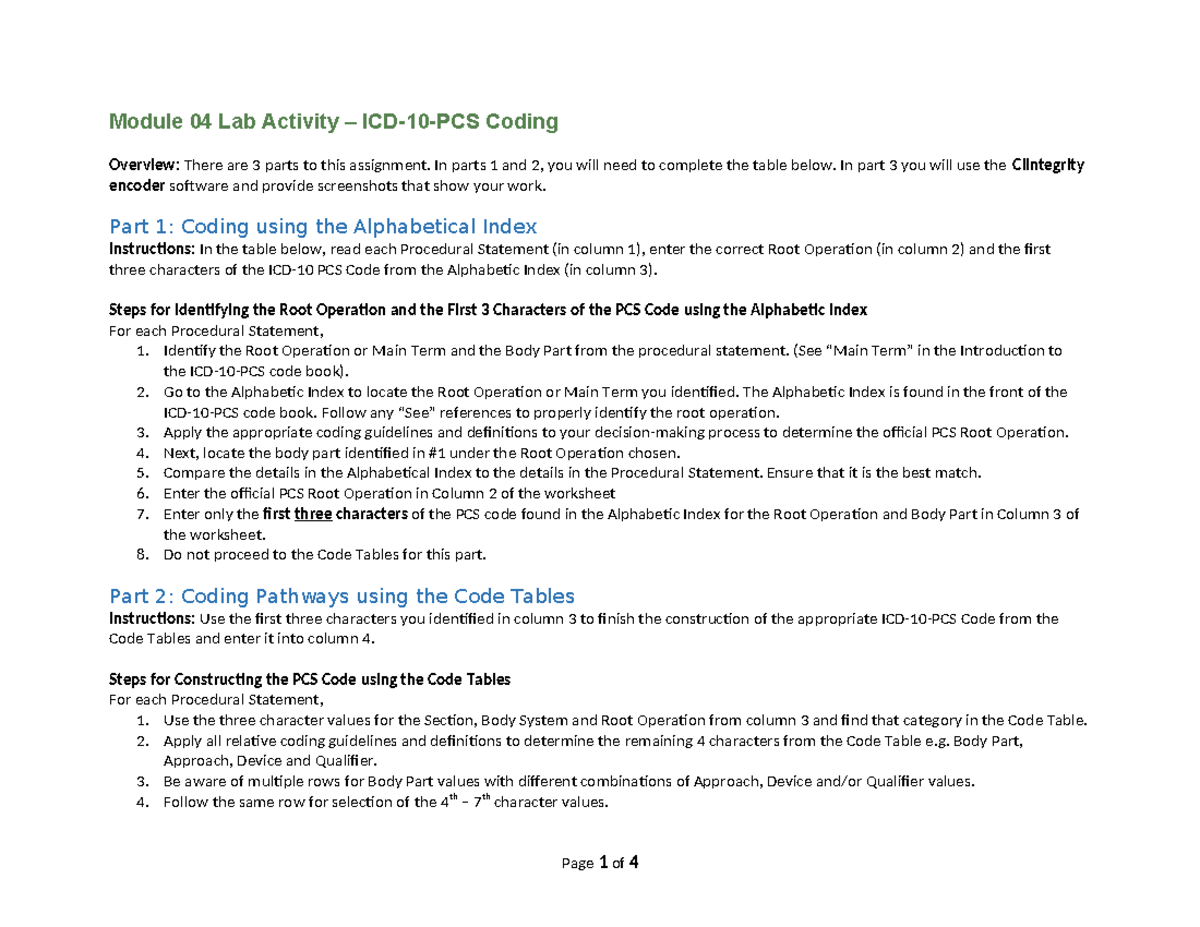 HIM1103 Module 04 Lab Worksheet - ICD-10-PCS Coding Activities - Studocu