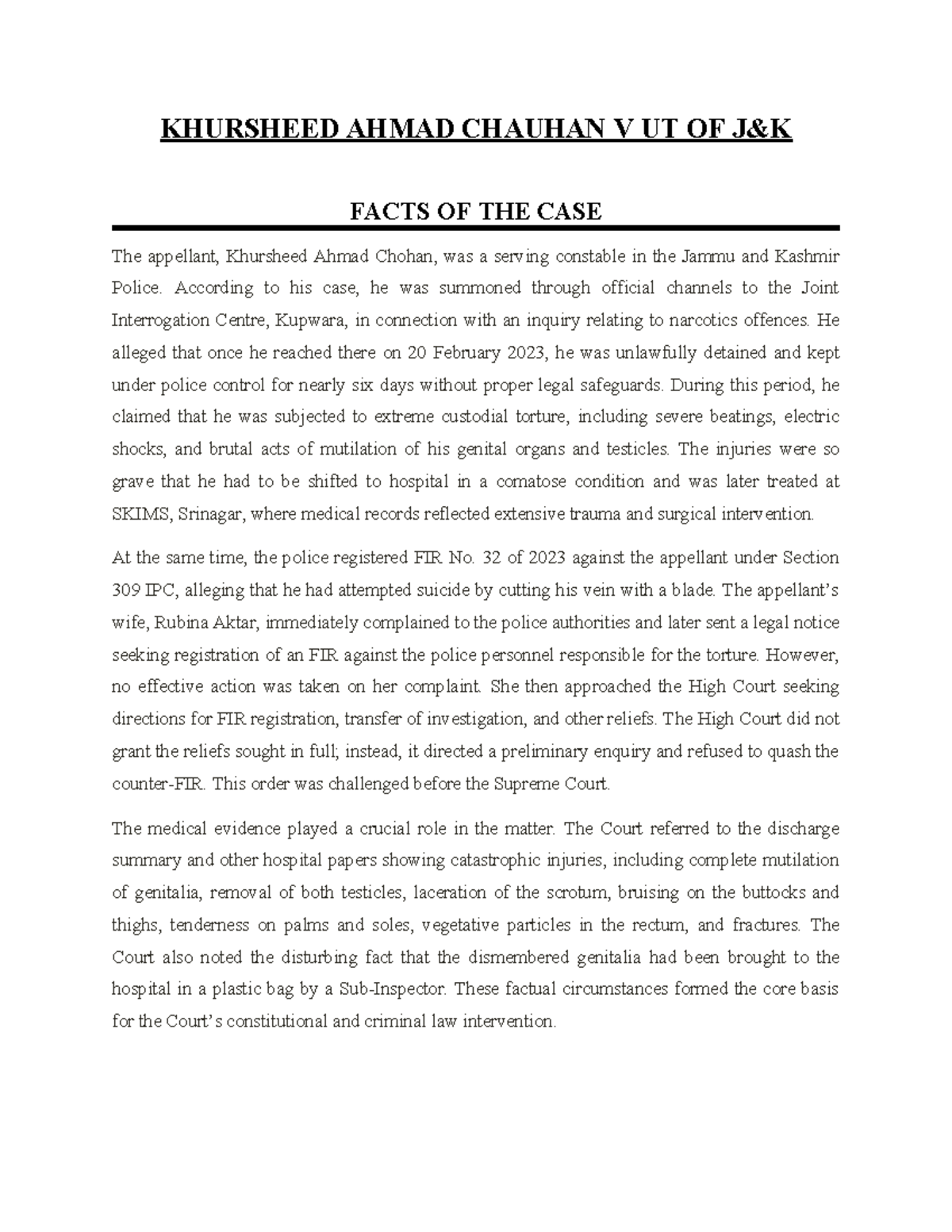 KHURSHEED AHMAD CHAUHAN V UT: Case Analysis on Custodial Torture - Studocu
