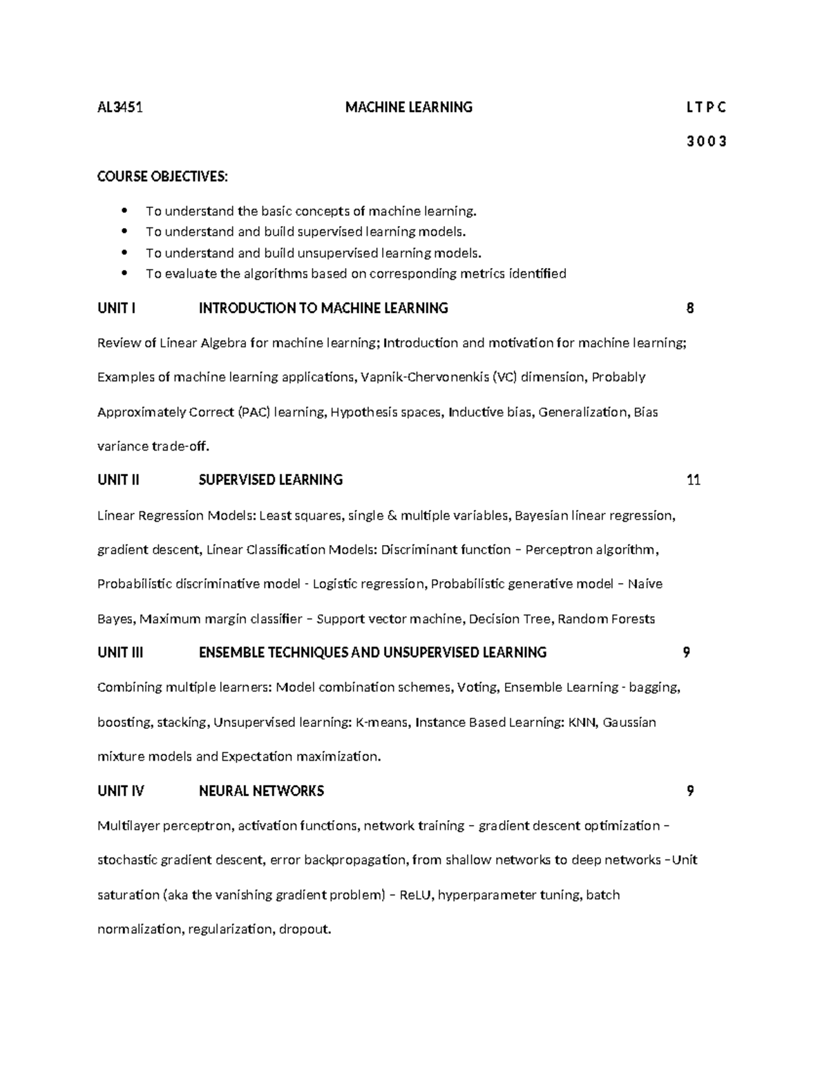 AL3451 Machine Learning Syllabus: Course Structure & Objectives - Studocu