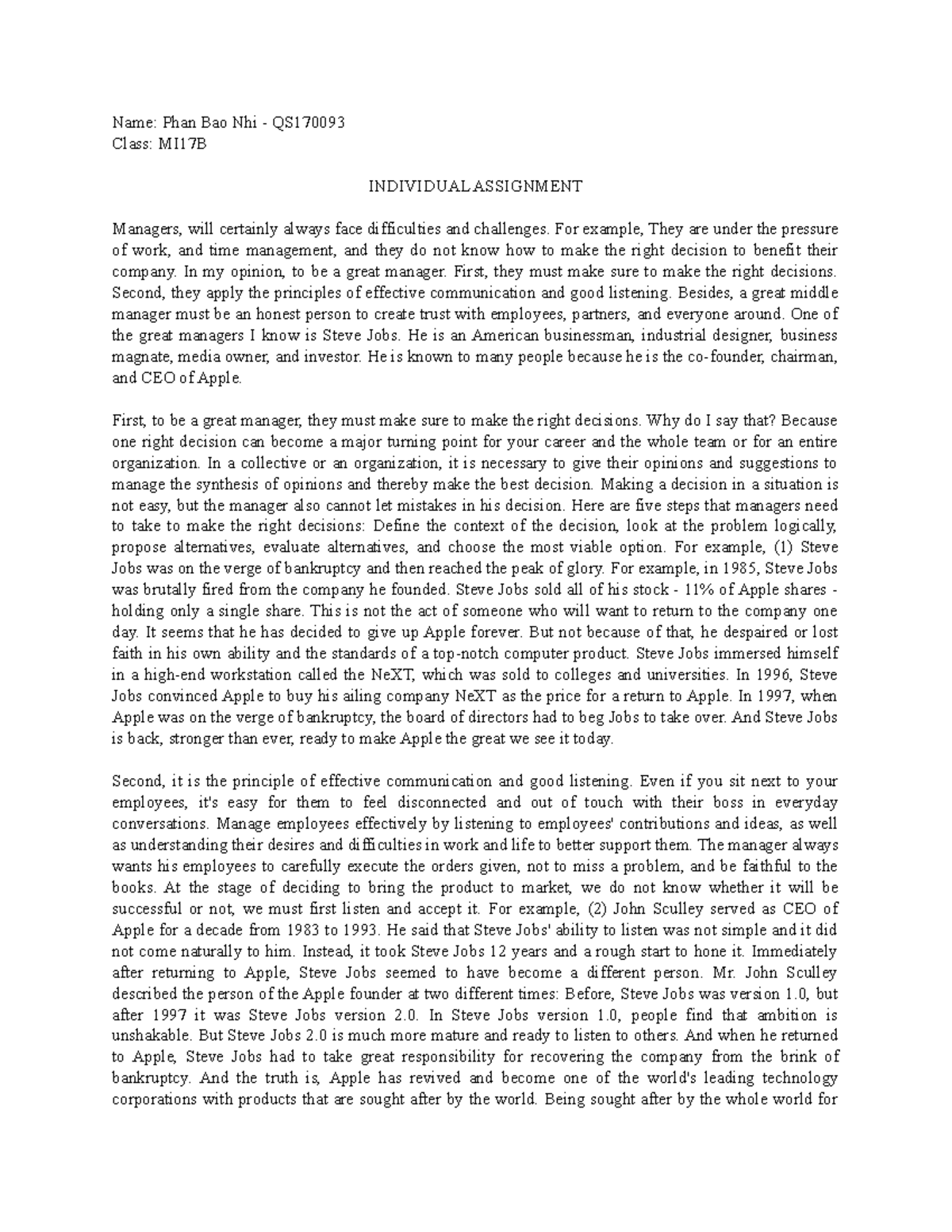 Individual assignment MGT - Name: Phan Bao Nhi - QS Class: MI17B ...