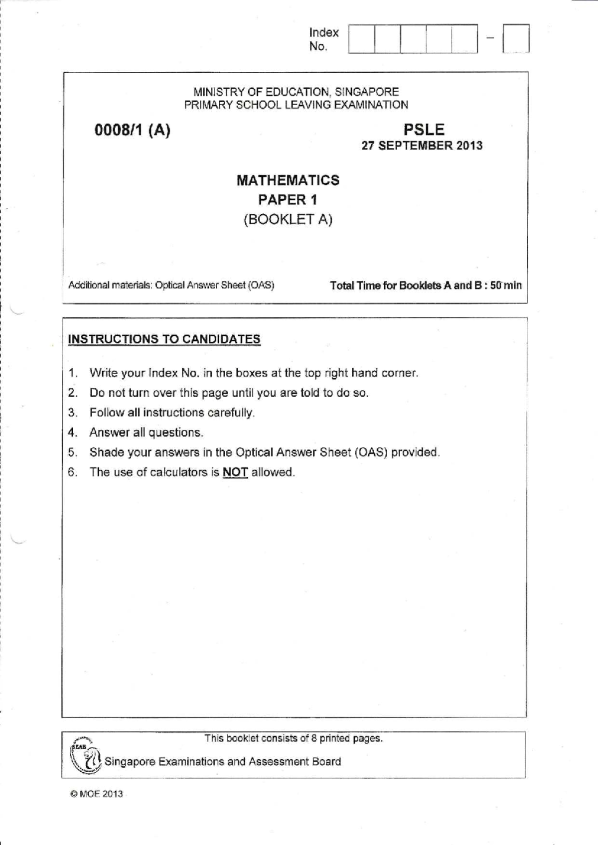PSLE 2013 Mathematics Paper 1 (Booklet A) Exam Questions - Studocu