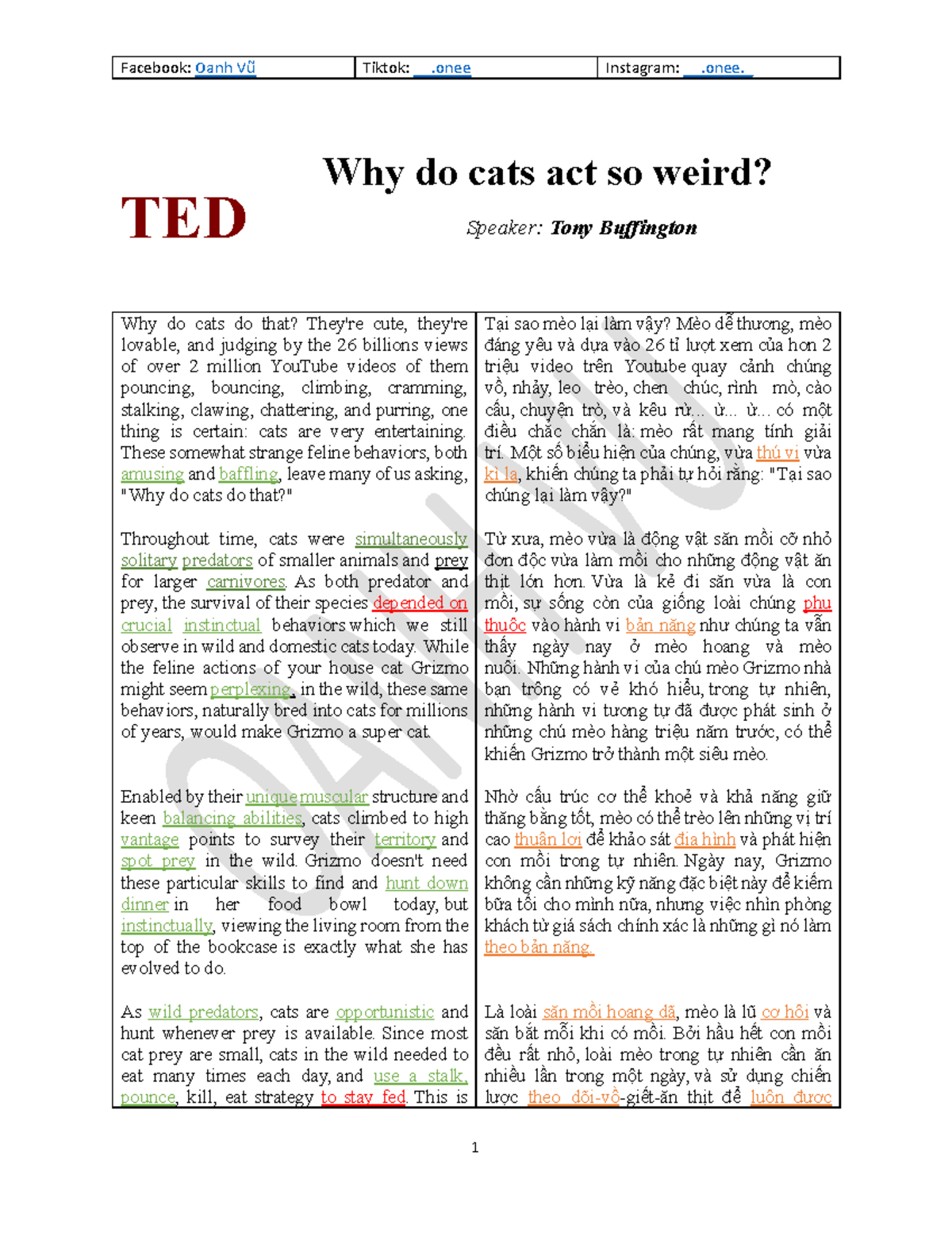 TED Talk Transcript: Understanding Your Cat's Bizarre Behaviors - Studocu