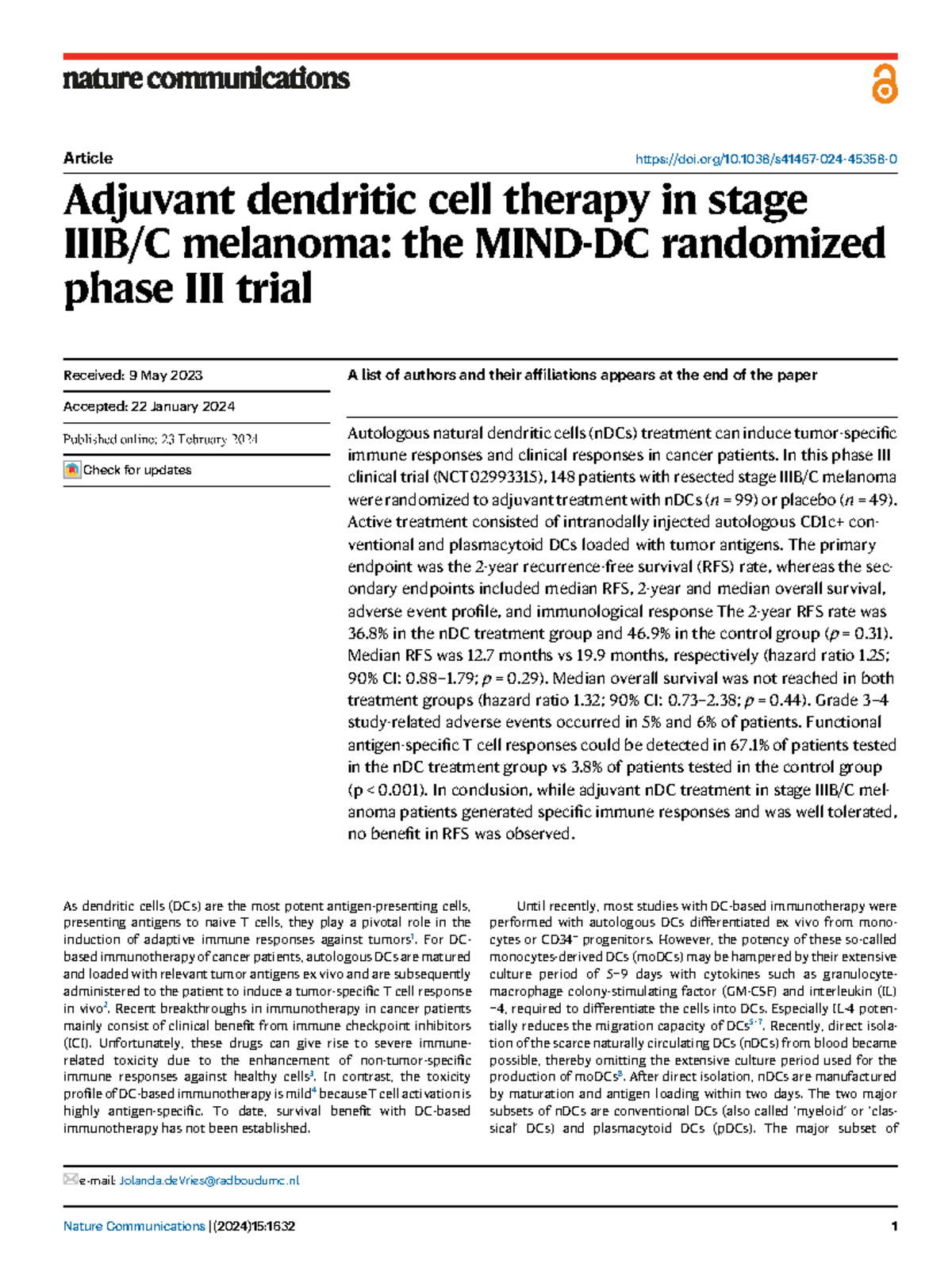 Adjuvant nDC Therapy in Stage Melanoma: Results from the MIND-DC Trial ...