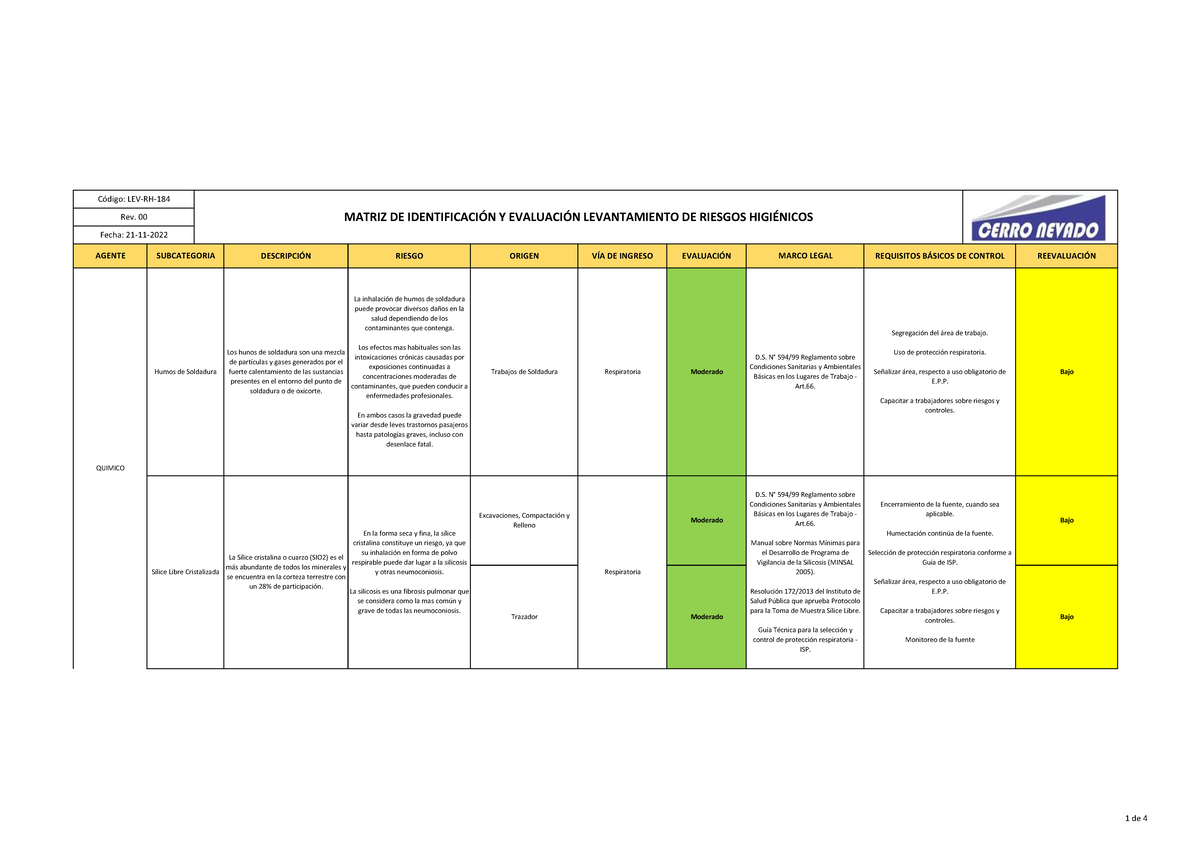 Matriz de Identificación y Evaluación de Riesgos Higiénicos - D.S. N° 594/99 - Document Preview