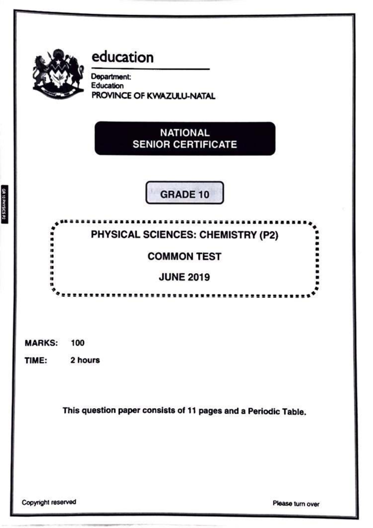 Physical Sciences 1 P2 Common Test June 2019 Grade 10 Memorandum - Studocu