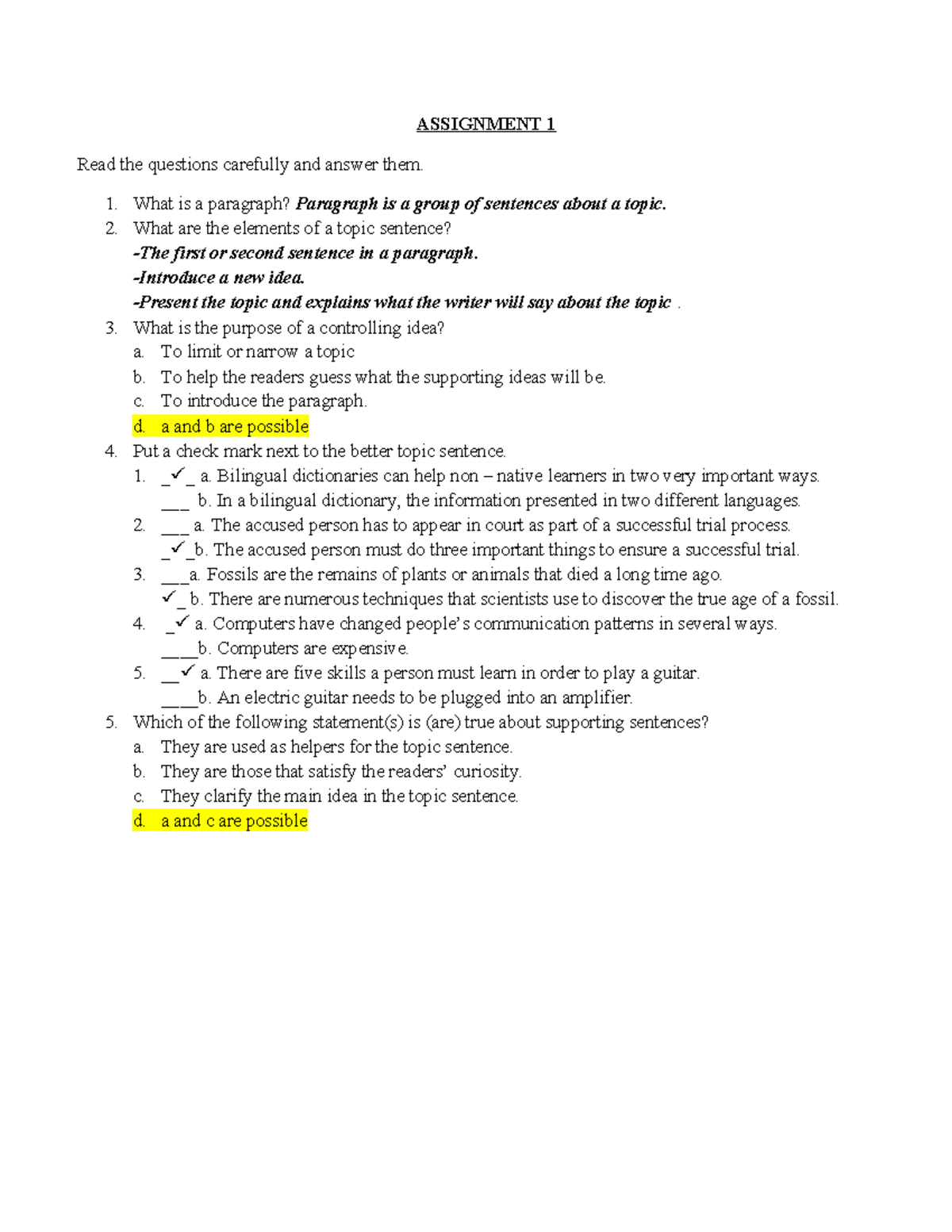 Assignment 1: Understanding Paragraphs and Topic Sentences - Studocu