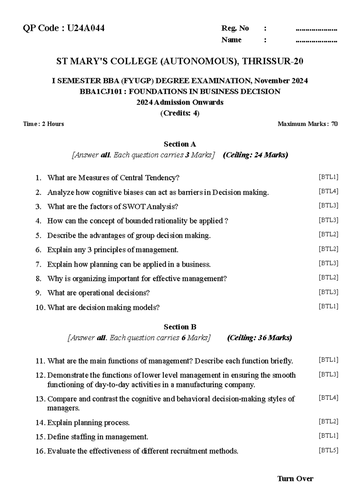 BBA1CJ101: Foundations in Business Decision - Exam Questions 2024 - Studocu