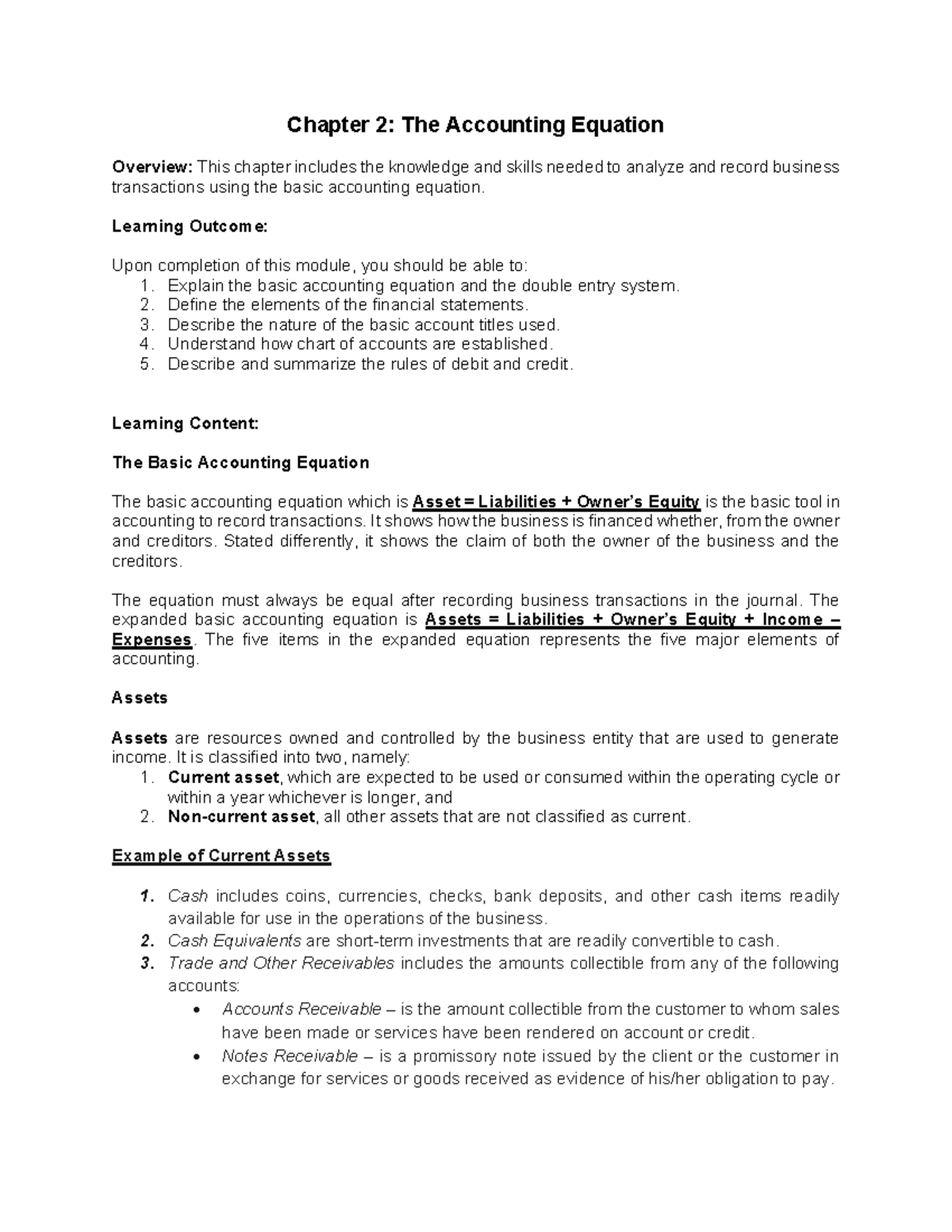 Chapter 2: Overview of the Accounting Equation (ACC101) - Studocu