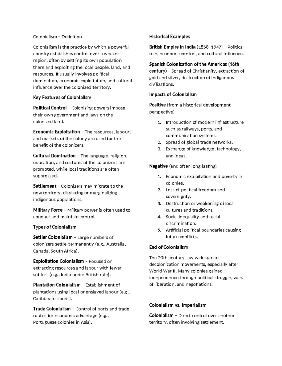 Colonialism: Definitions, Examples, and Impacts on Societies - Studocu