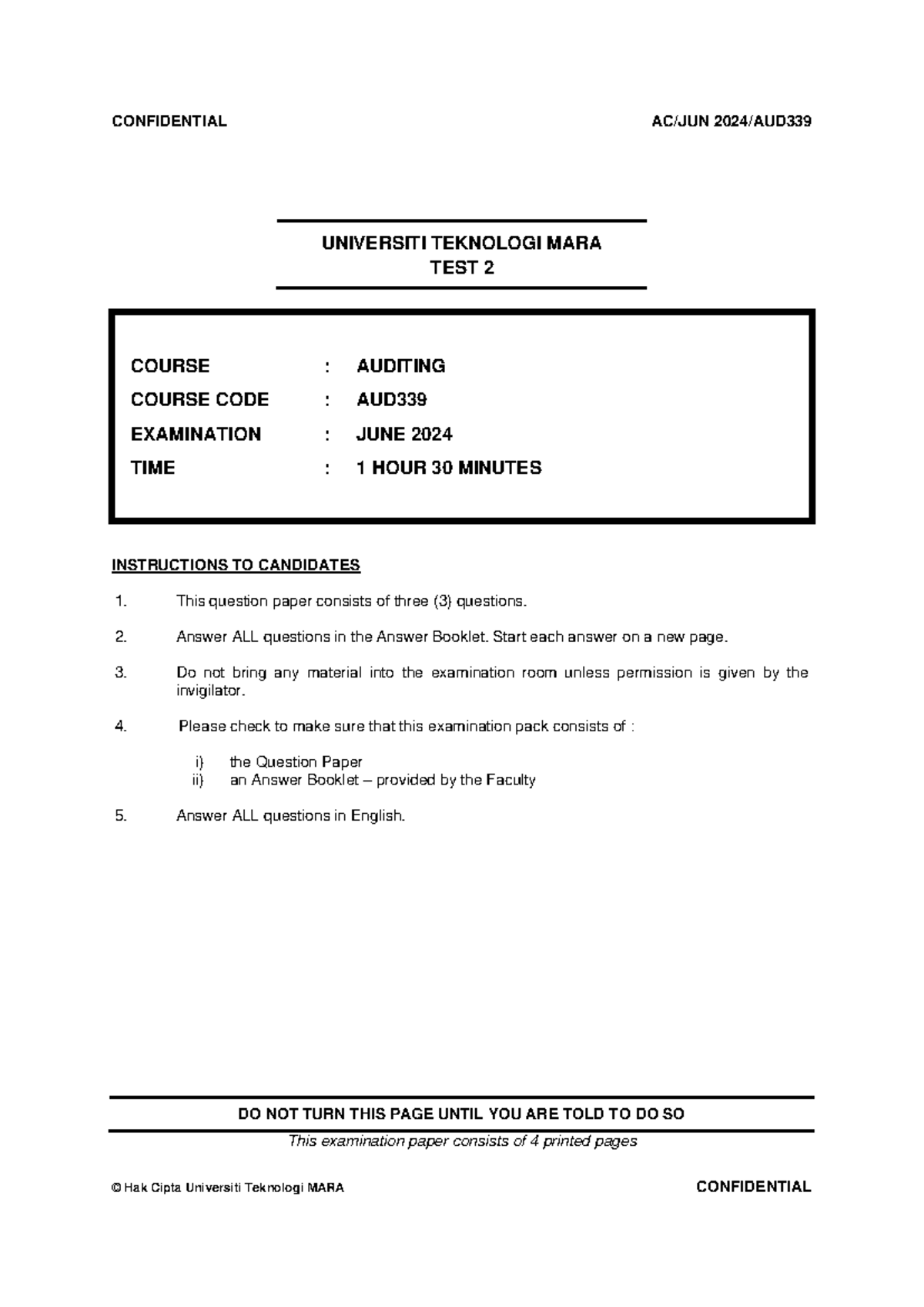 AUD339 TEST 2 JUNE 2024 - AUDITING EXAMINATION QUESTIONS - Studocu