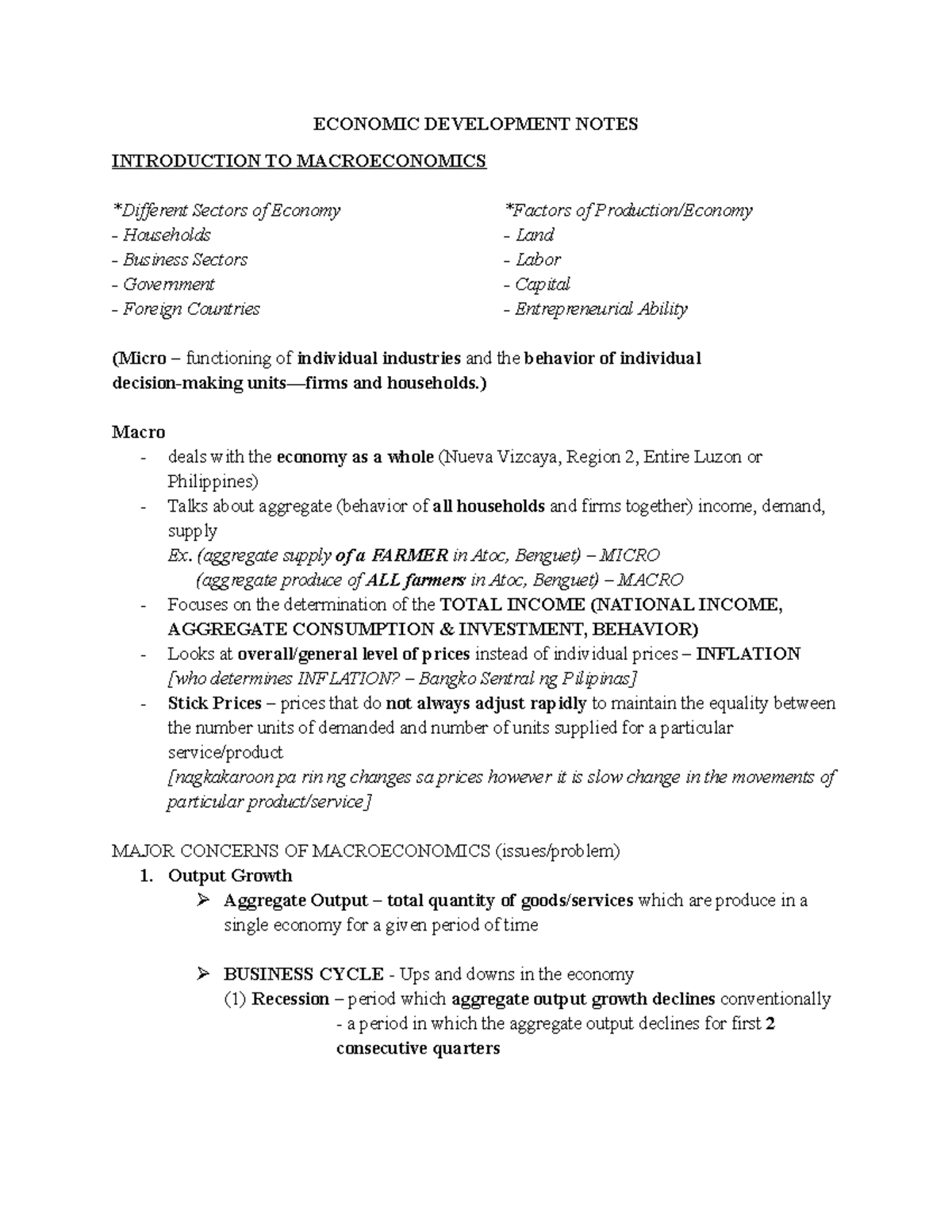 ECON 101: Economic Development Notes on Macroeconomics and Sectors ...