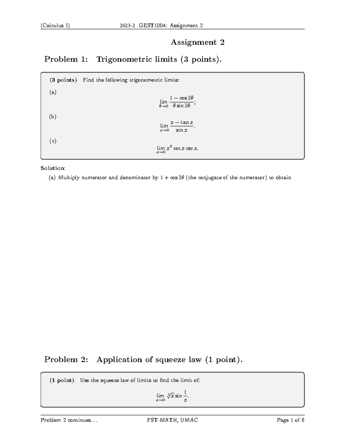 GEST1004: Assignment 2 (Calculus I) - Trigonometric Limits & More - Studocu