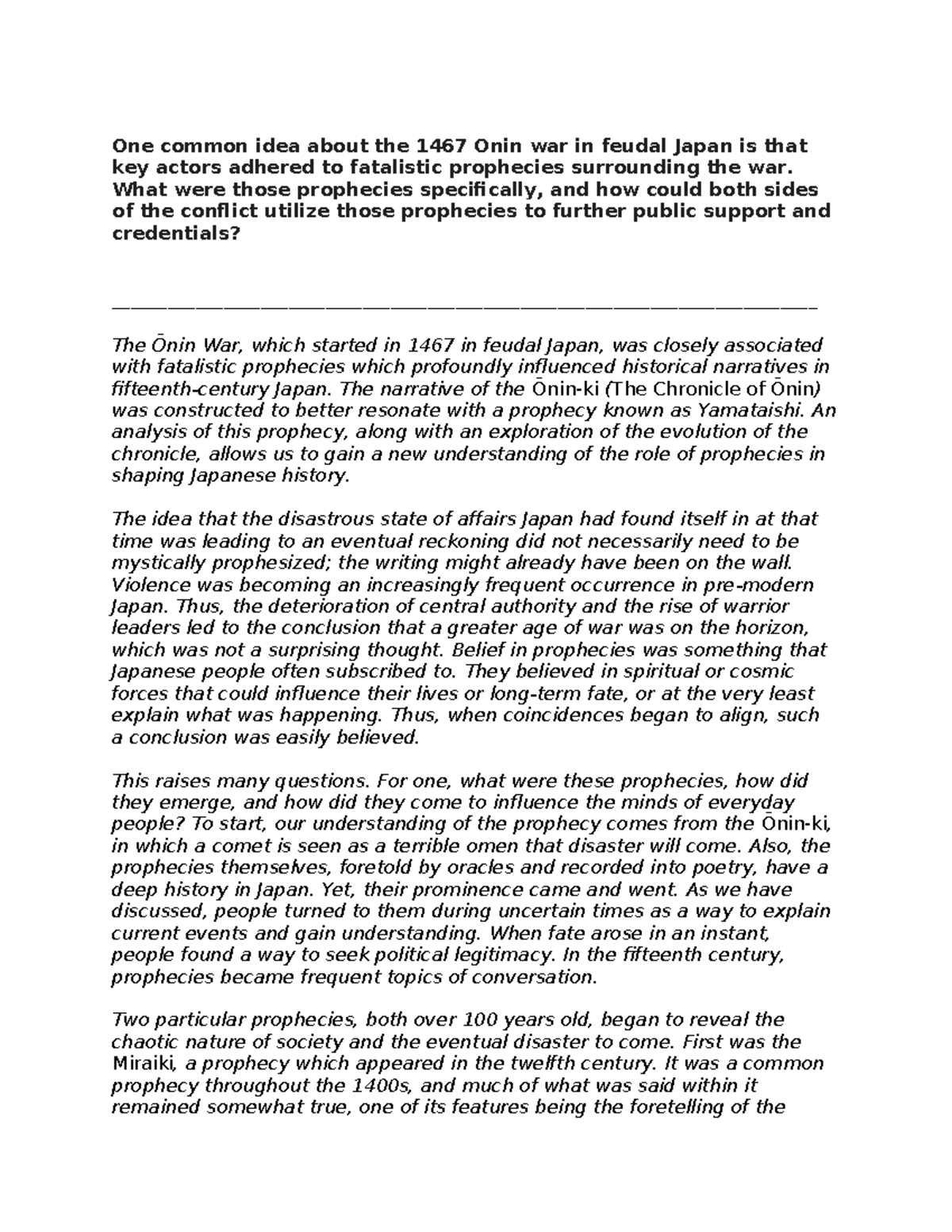 The Role of Fatalistic Prophecies in the 1467 Ōnin War - Studocu