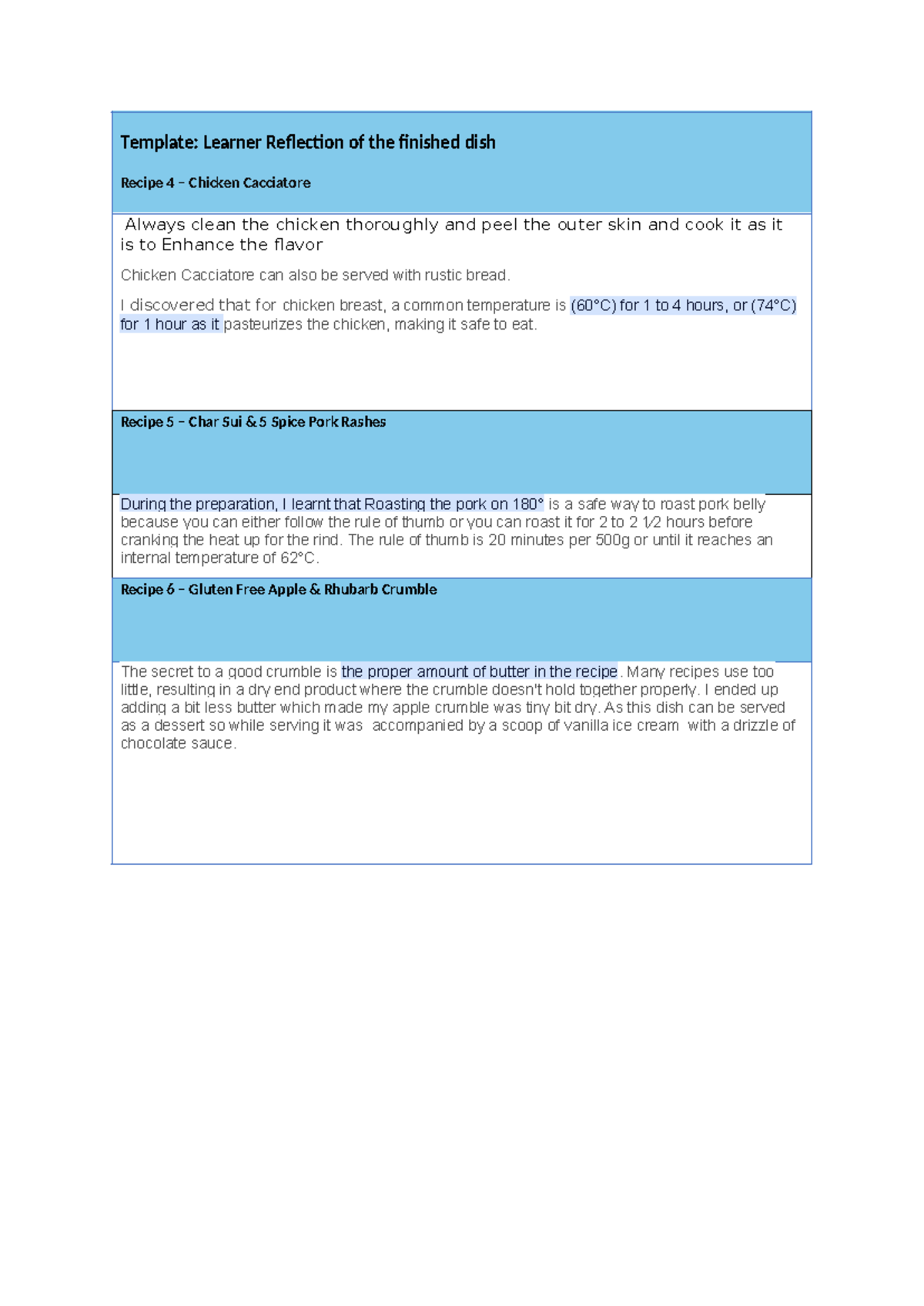 Sithccc 027 – UAT2 Activity 2: Learner Reflection on Recipes - Studocu