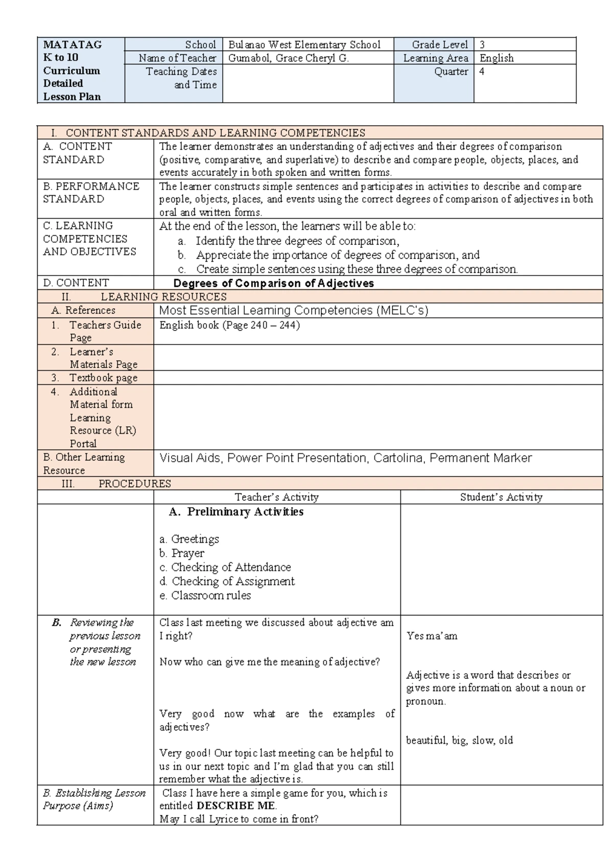 Lesson Plan in Esp 3 - QUESTIONNAIRE - REPUBLIC OF THE PHILIPPINES ...