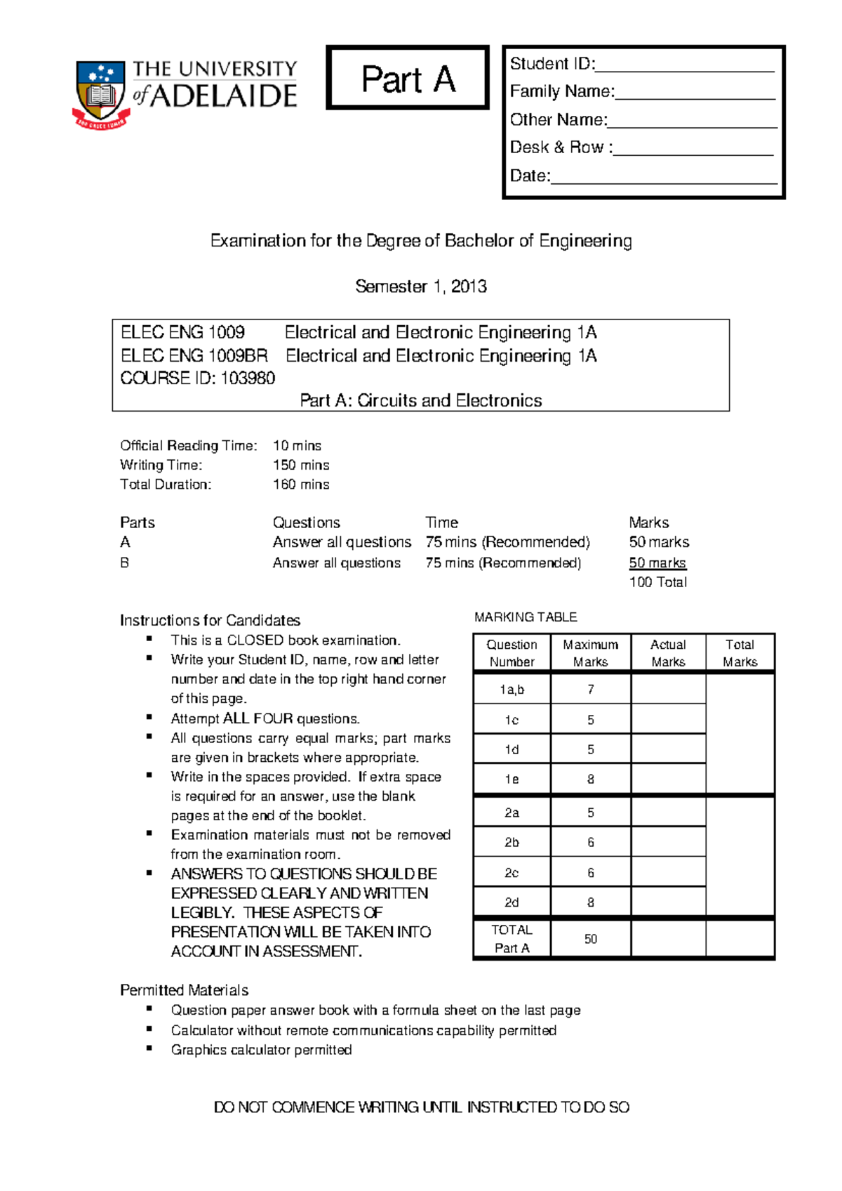 Exam June 2013, questions - part A, B - Examination for the Degree of ...