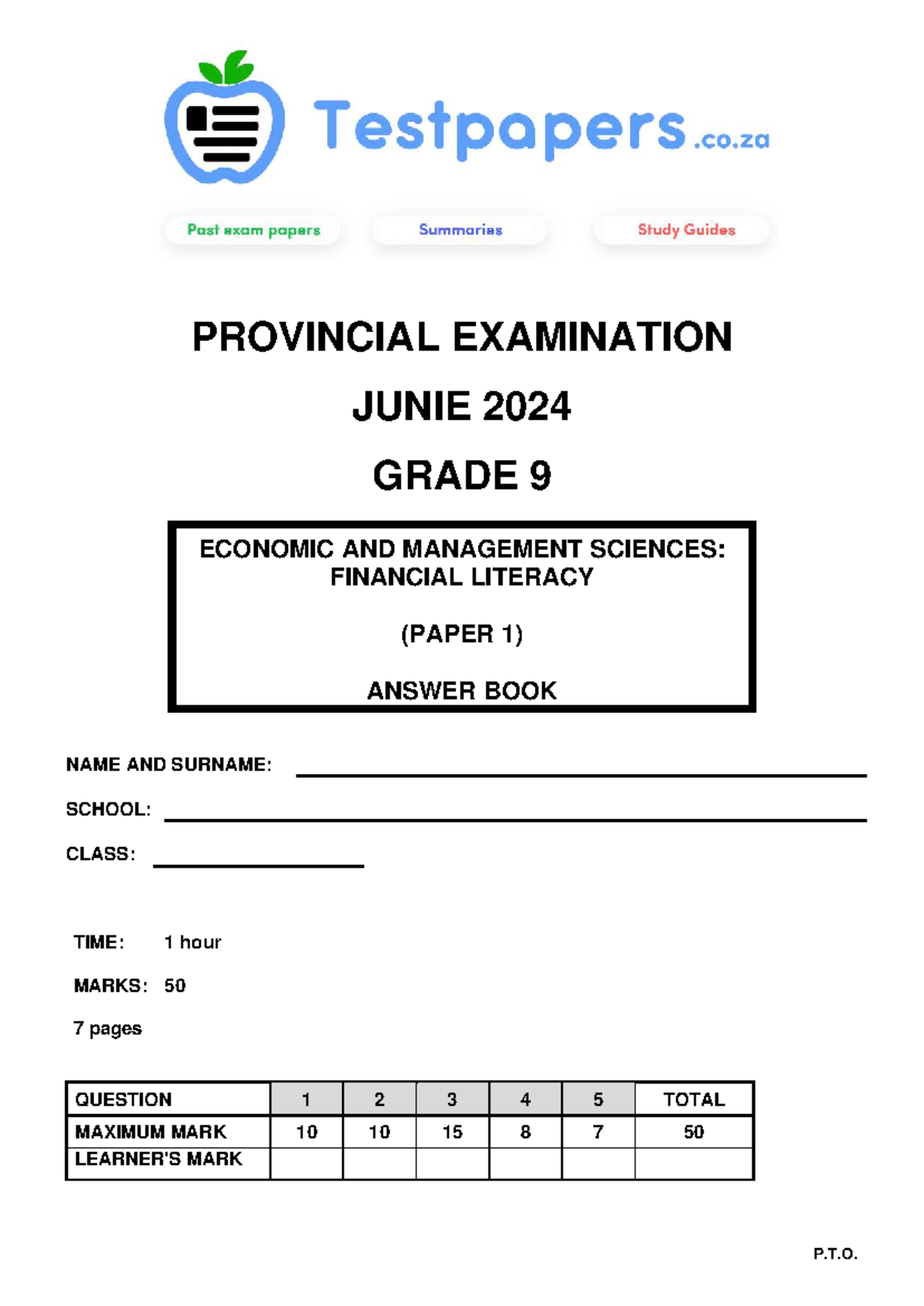 Grade 9 EMS P1 June 2024 Examination Answer Book - Studocu