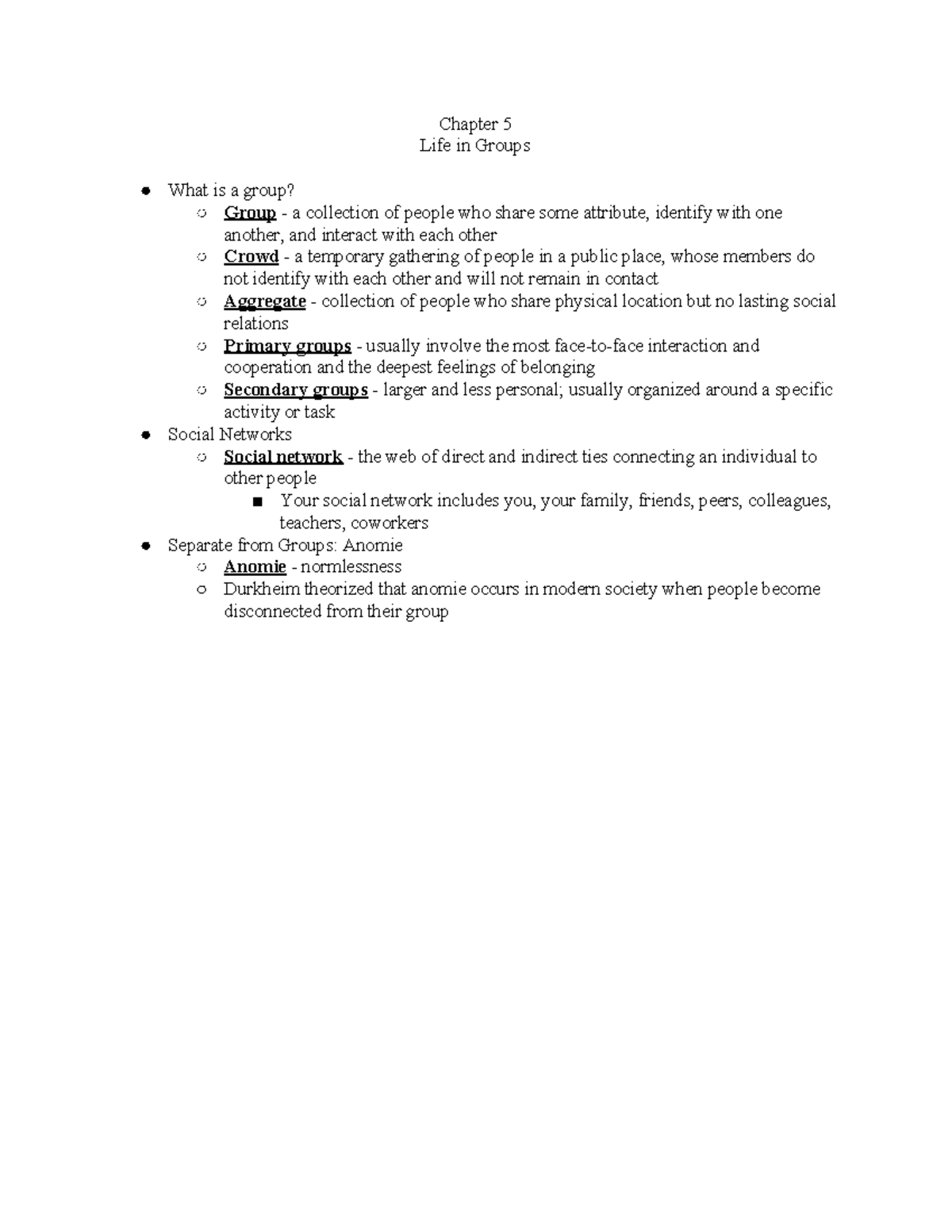 Sociology Ch. 5 Notes - Chapter 5 Life in Groups What is a group? a ...