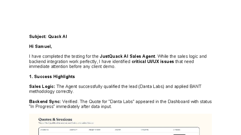 Quack AI Sales Agent Testing Report: Critical Issues & Recommendations ...