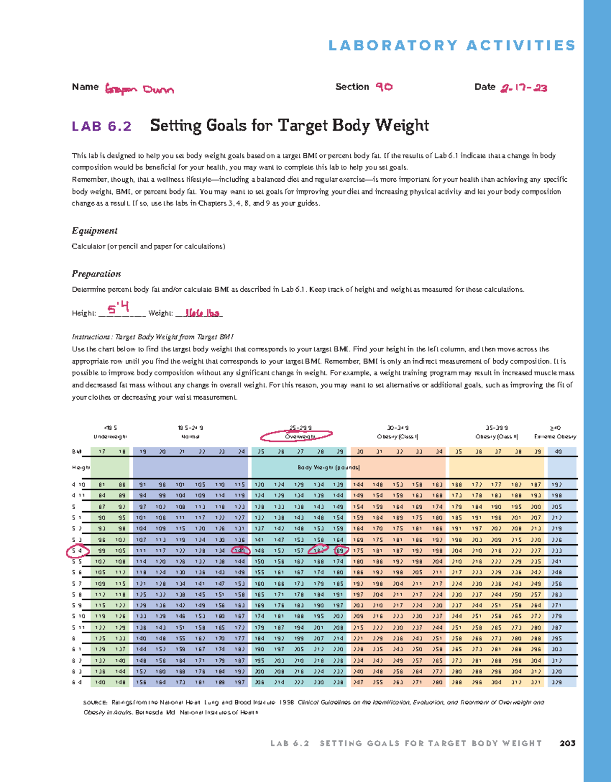 Lab 6.2 - Setting Body Weight Goals for Target BMI and Health - Studocu