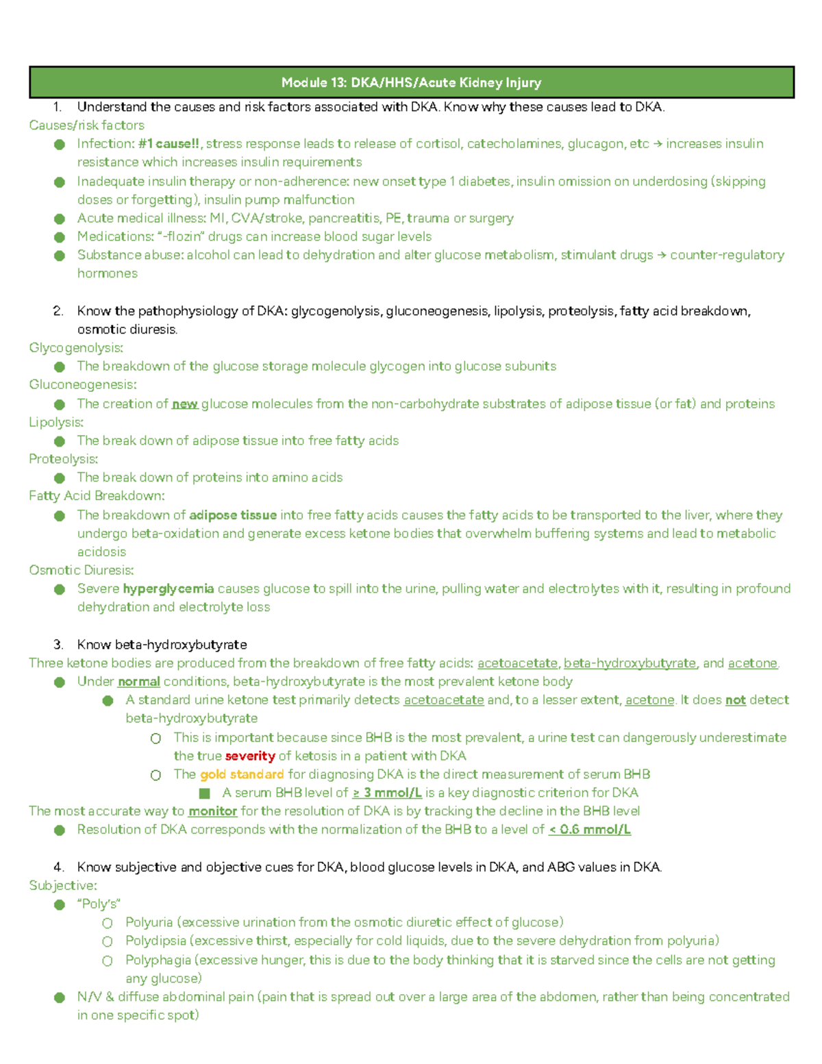 Module 13: Kidney Injury & DKA Management Study Guide - Studocu